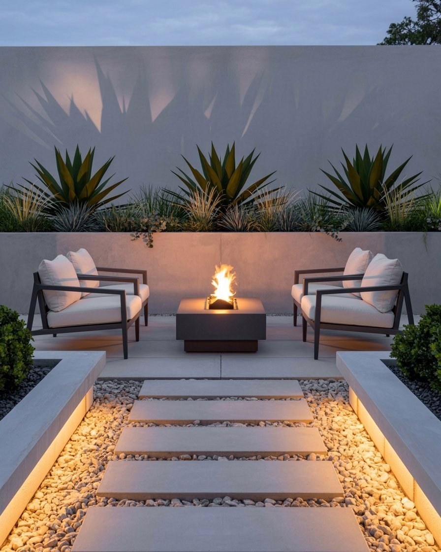 Modern Backyard Patio Oasis with a Fire Pit