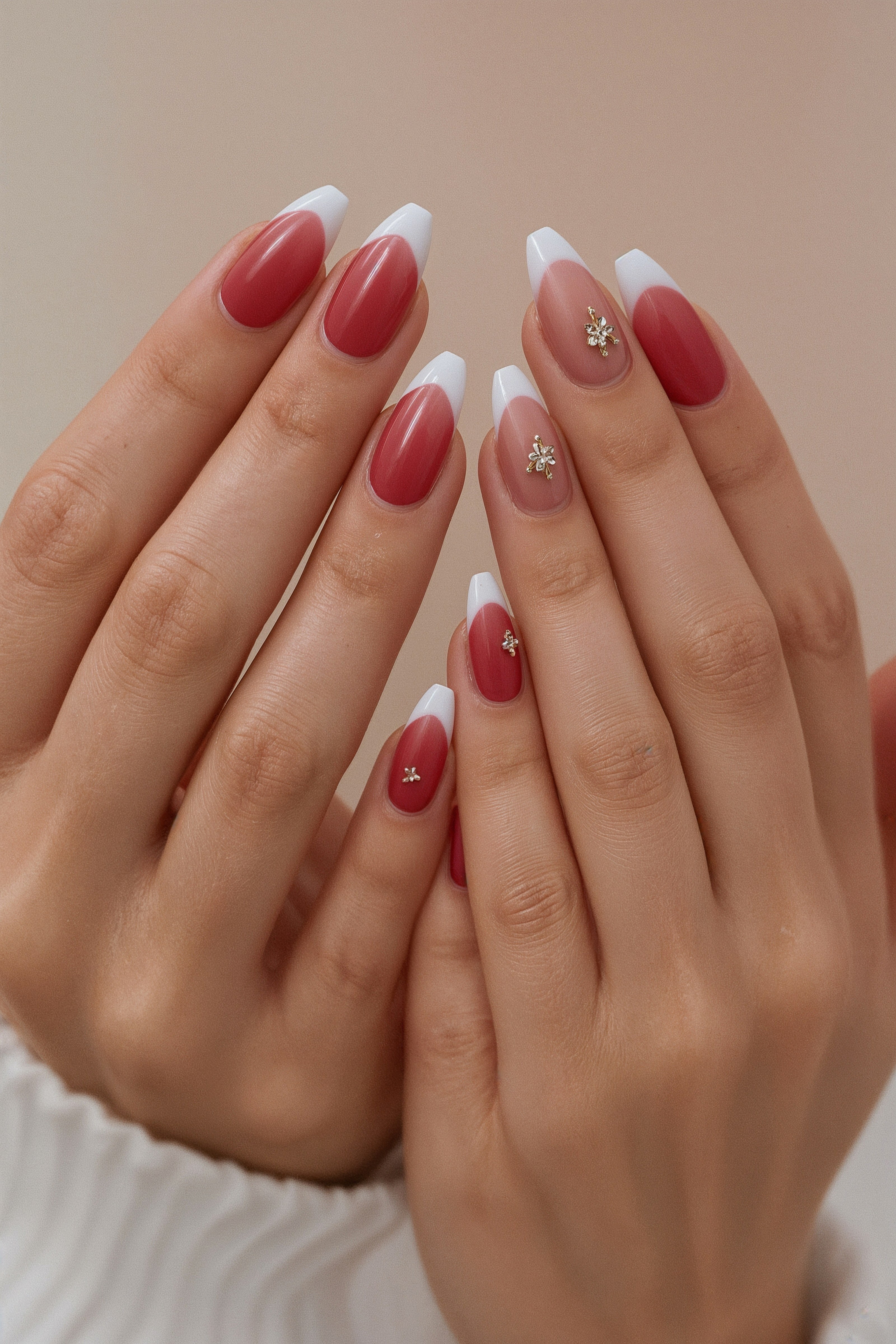 Ombré Red Floral Almond Nails: Pretty Gel French Tips with a Twist