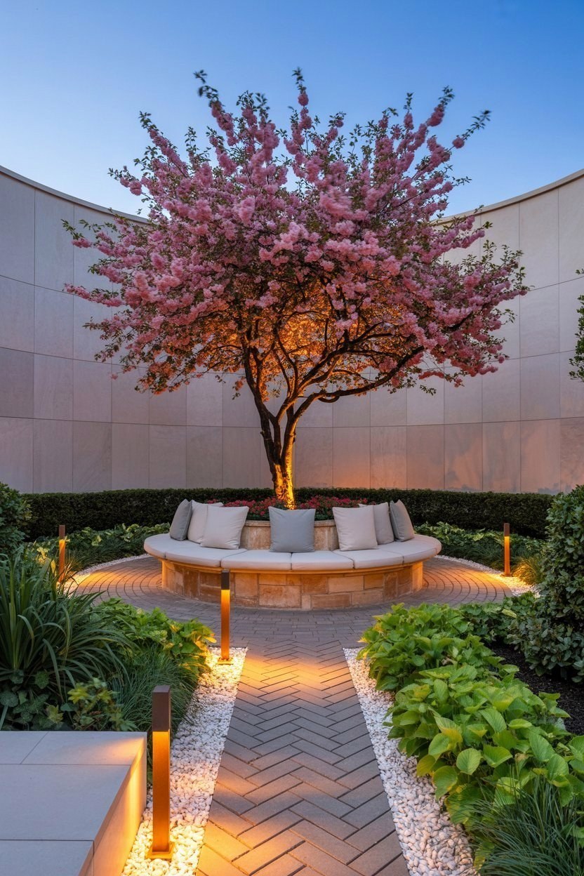 Tranquil Backyard Landscaping: Circular Seating & Serene Garden Design