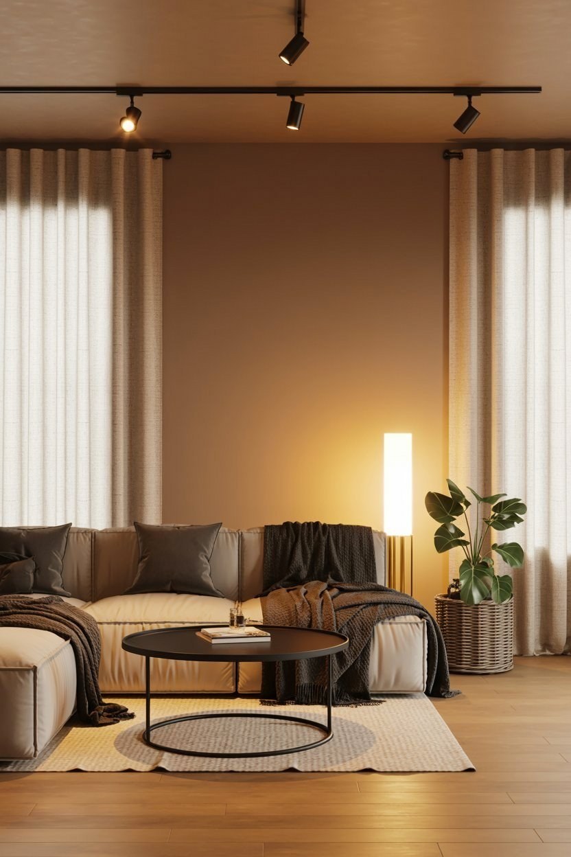 Cozy Minimalist Living Room: Simple Couches & Modern Apartment Lighting