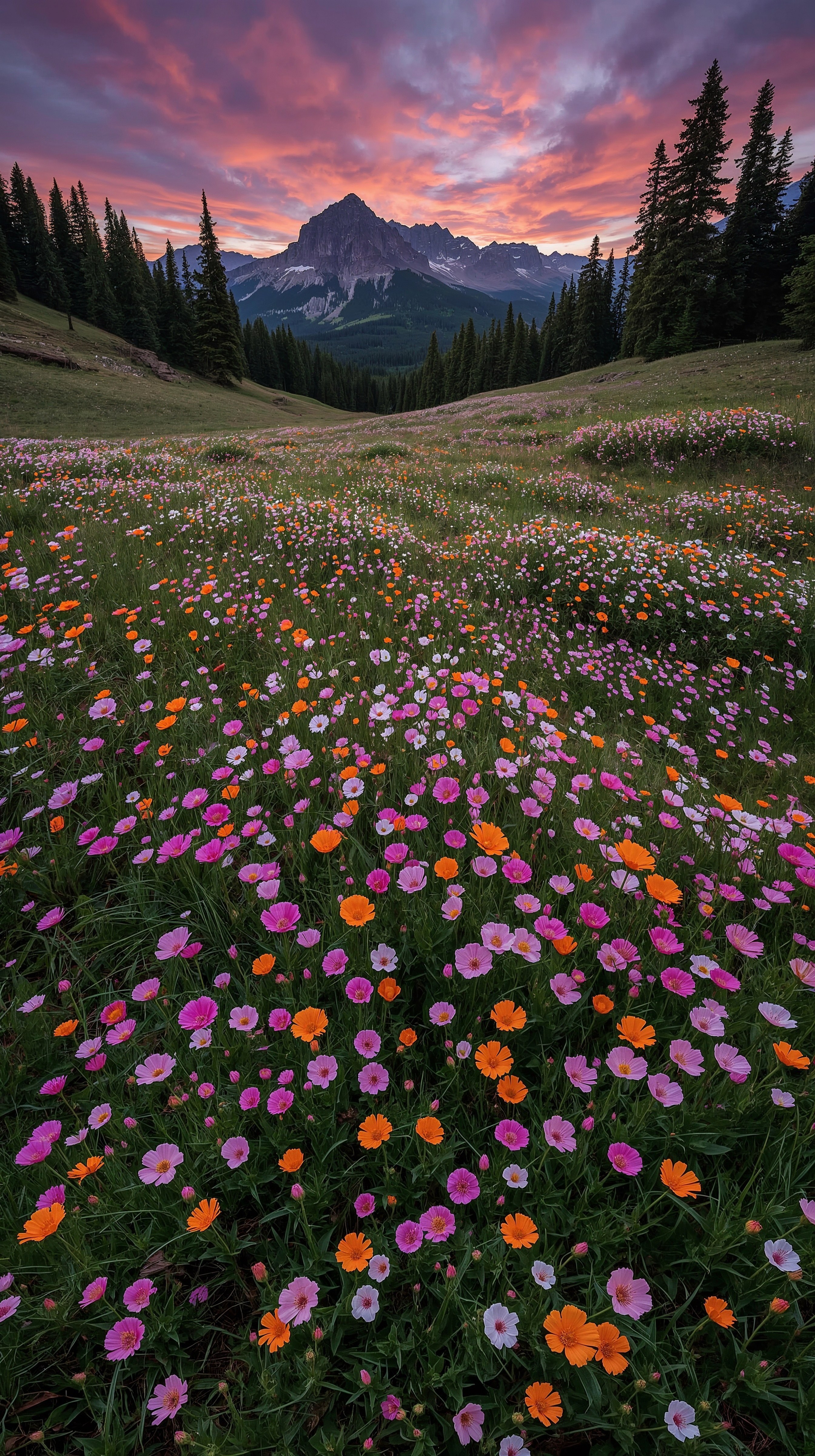 Sunset Symphony: Majestic Wildflower Fields in Vibrant Hues