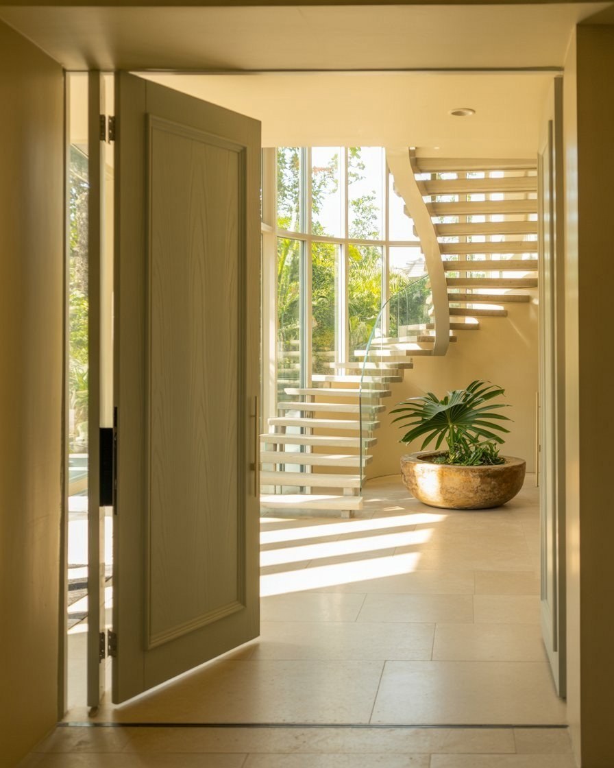 Dream Home Foyer: Open Stairs & Pivoting Door for a Grand Entrance