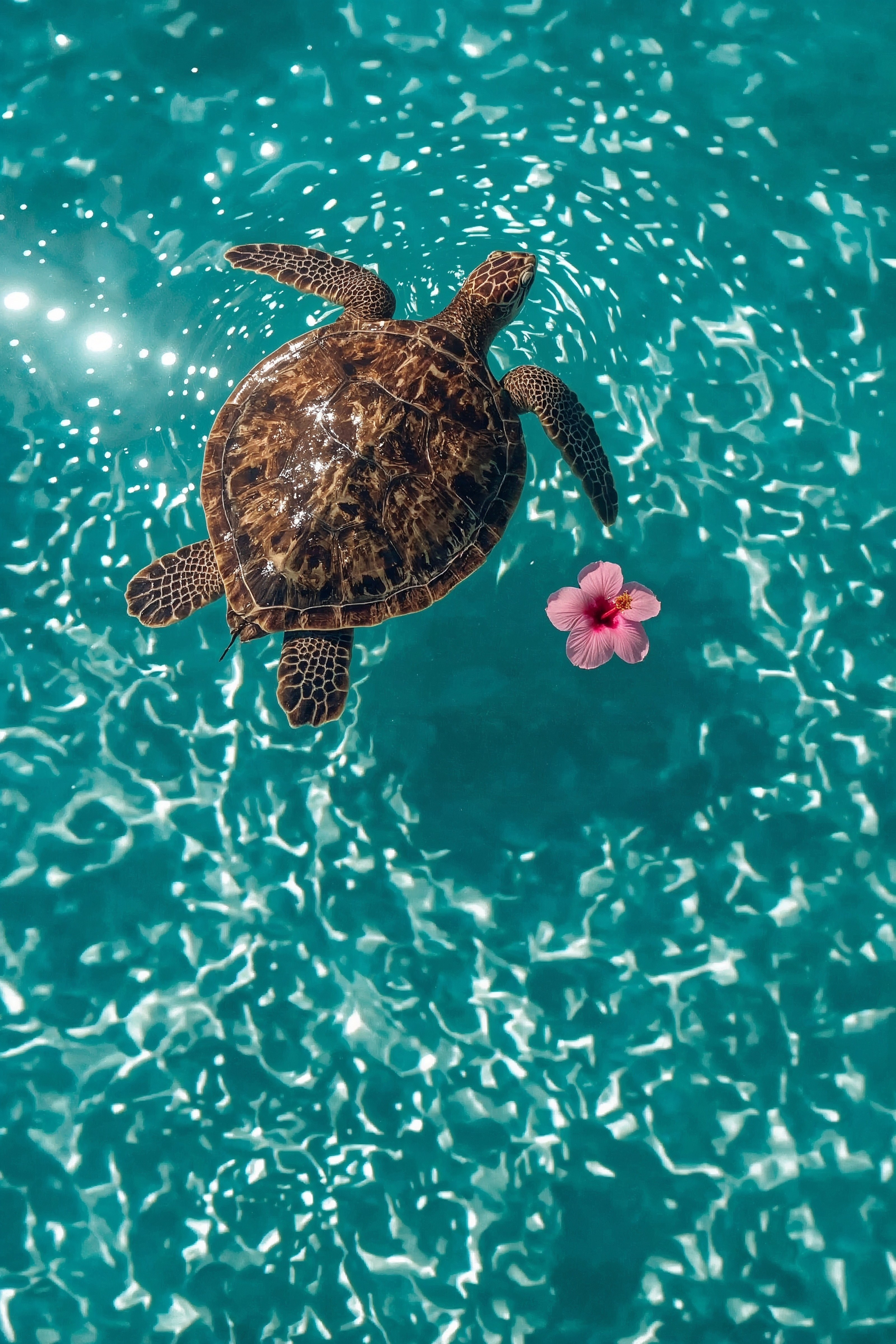 Vibrant Beach Vibes: Sea Turtle & Pink Hibiscus Phone Wallpaper