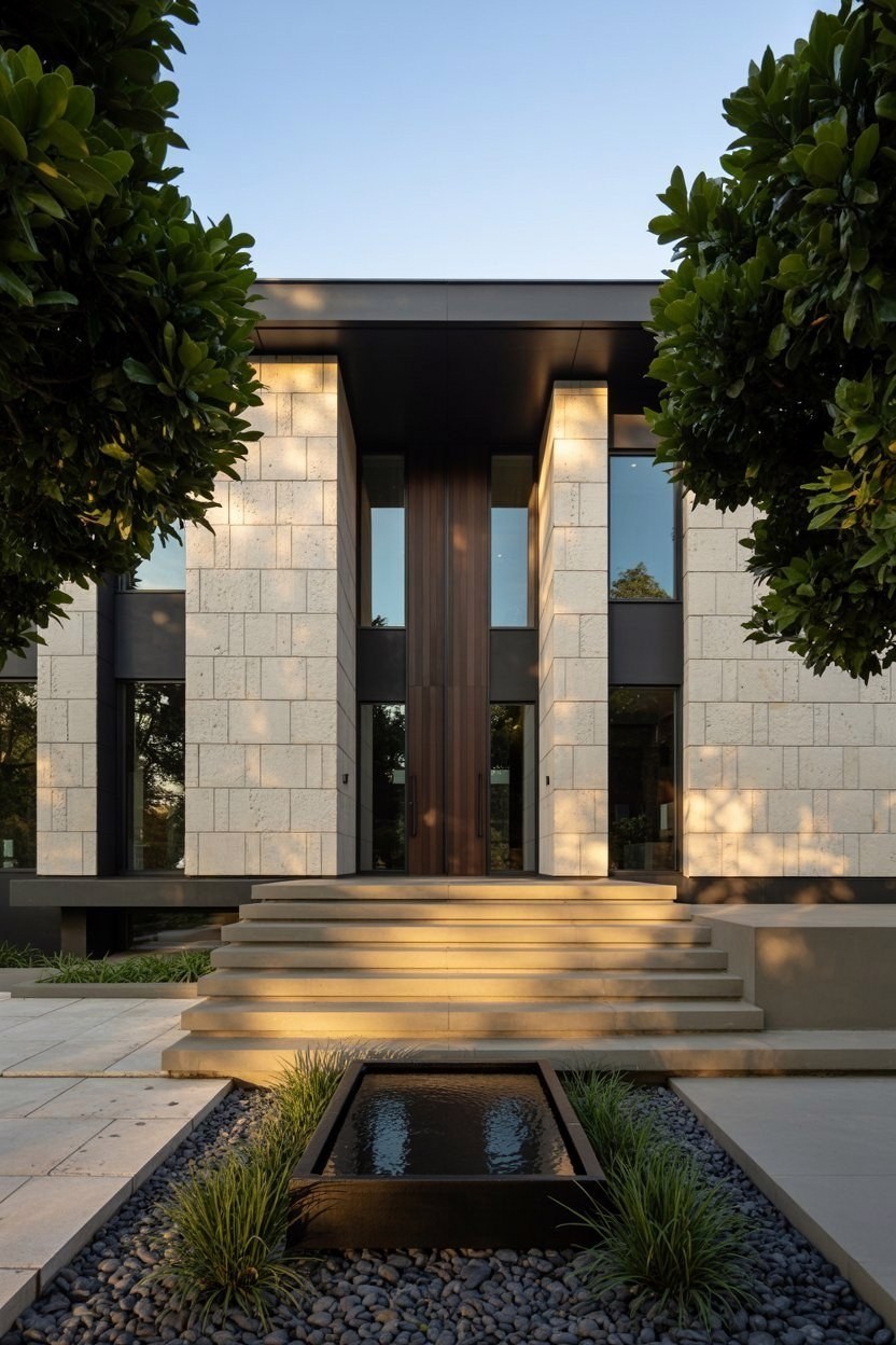 Modern Home Exterior: Chic Water Features & Stone Accents