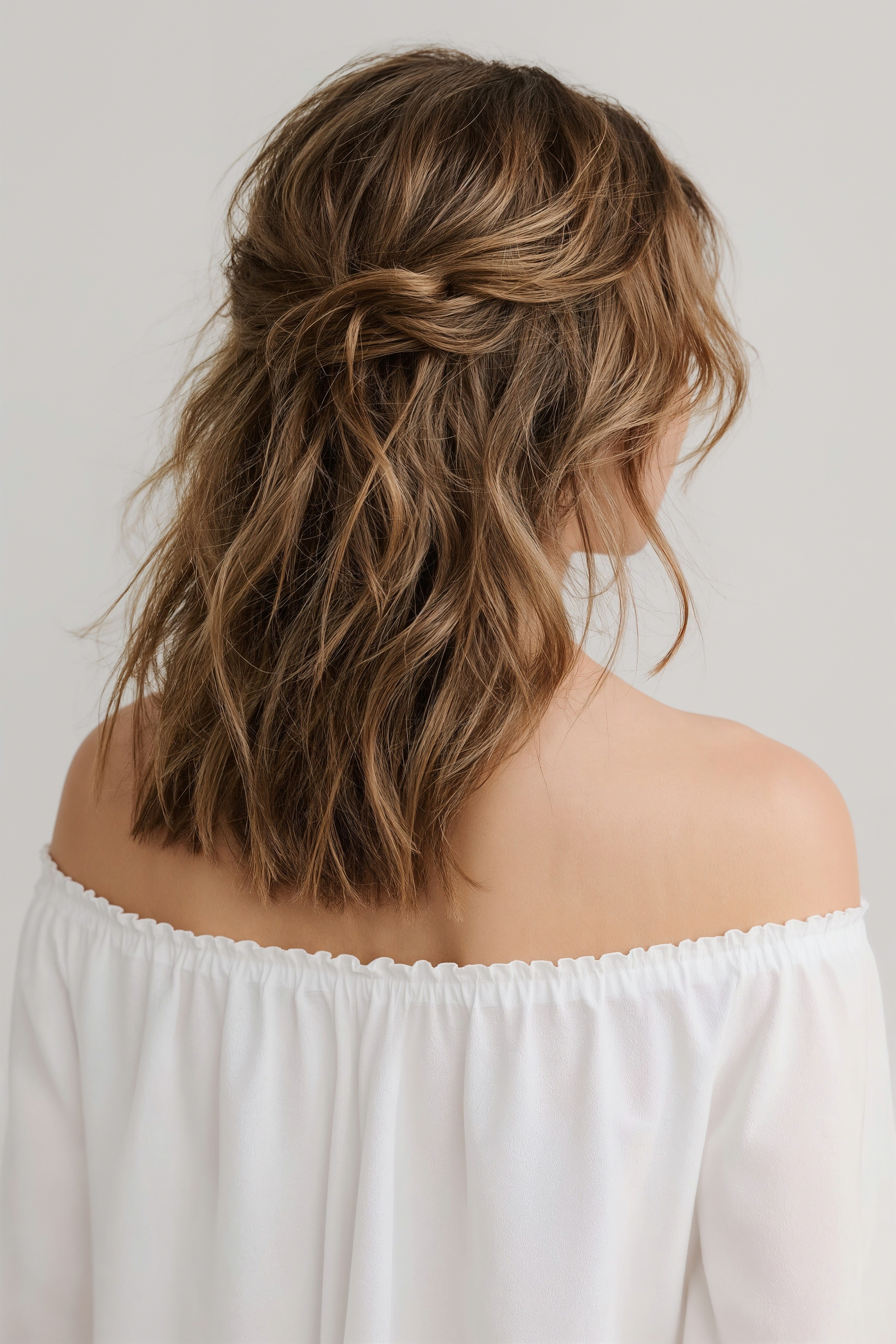 Textured Light Brown Half-Updo: Effortless Wedding Style