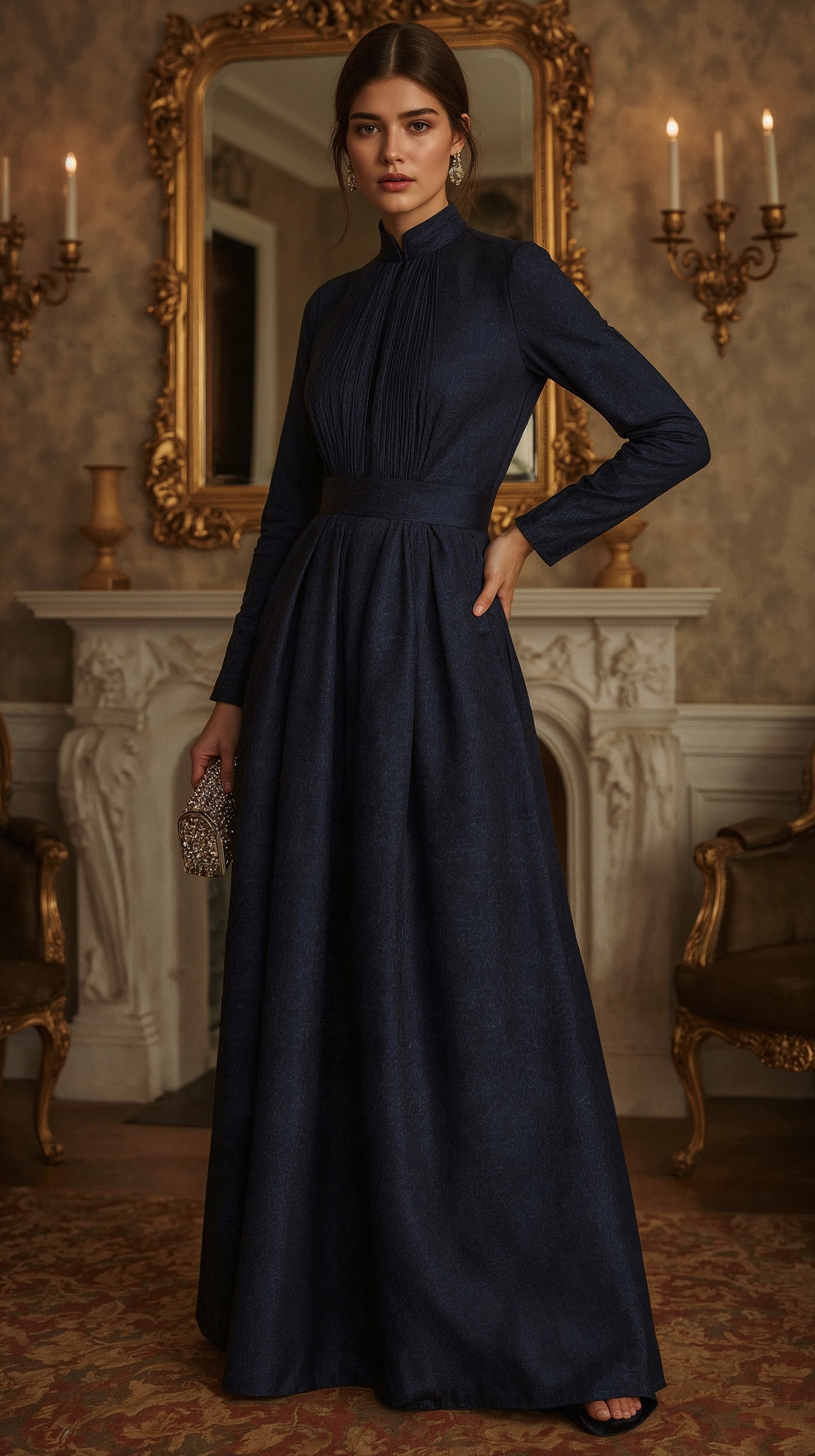 Chic Navy Blue Modest Gown for Fall Weddings & Events