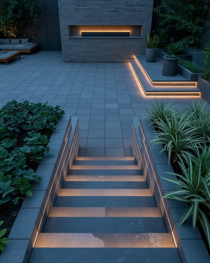 Modern Backyard Landscaping: Sleek Retaining Walls & Illuminated Garden Steps