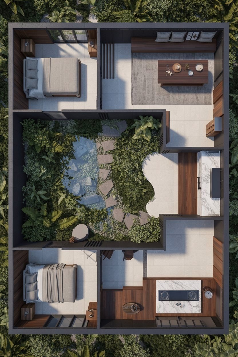 Lush Interior Courtyard: Modern Villa Floor Plans for Serene Living
