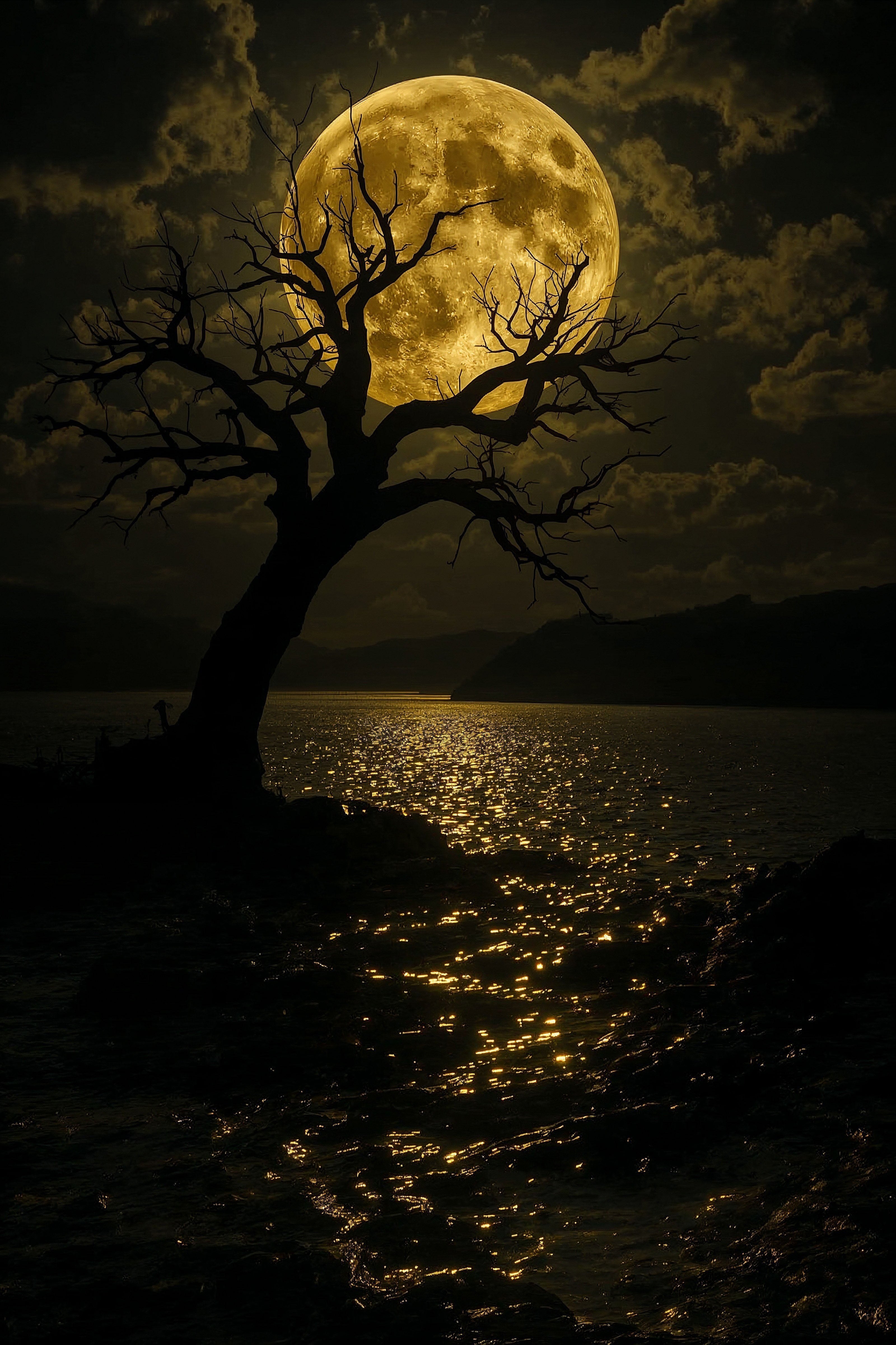 Mystical Night Sky: Golden Moon Scenery & Dark Sky Aesthetic