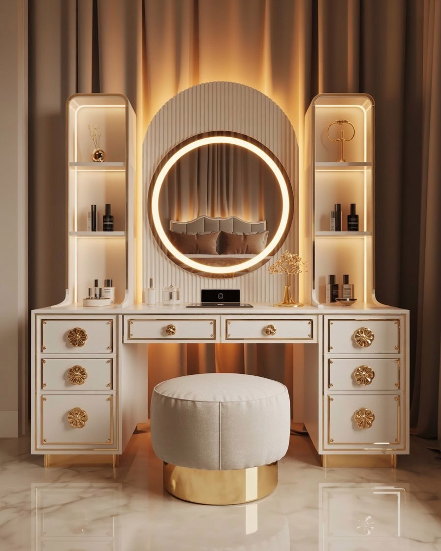 Glamorous White & Gold Vanity: Luxury Semi-Modern Bedroom Interior Design