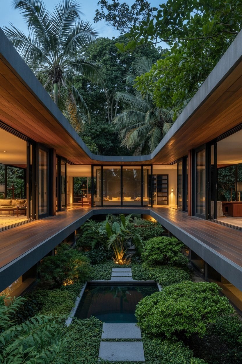 Mid Century Modern Courtyard House: Tropical Style Oasis