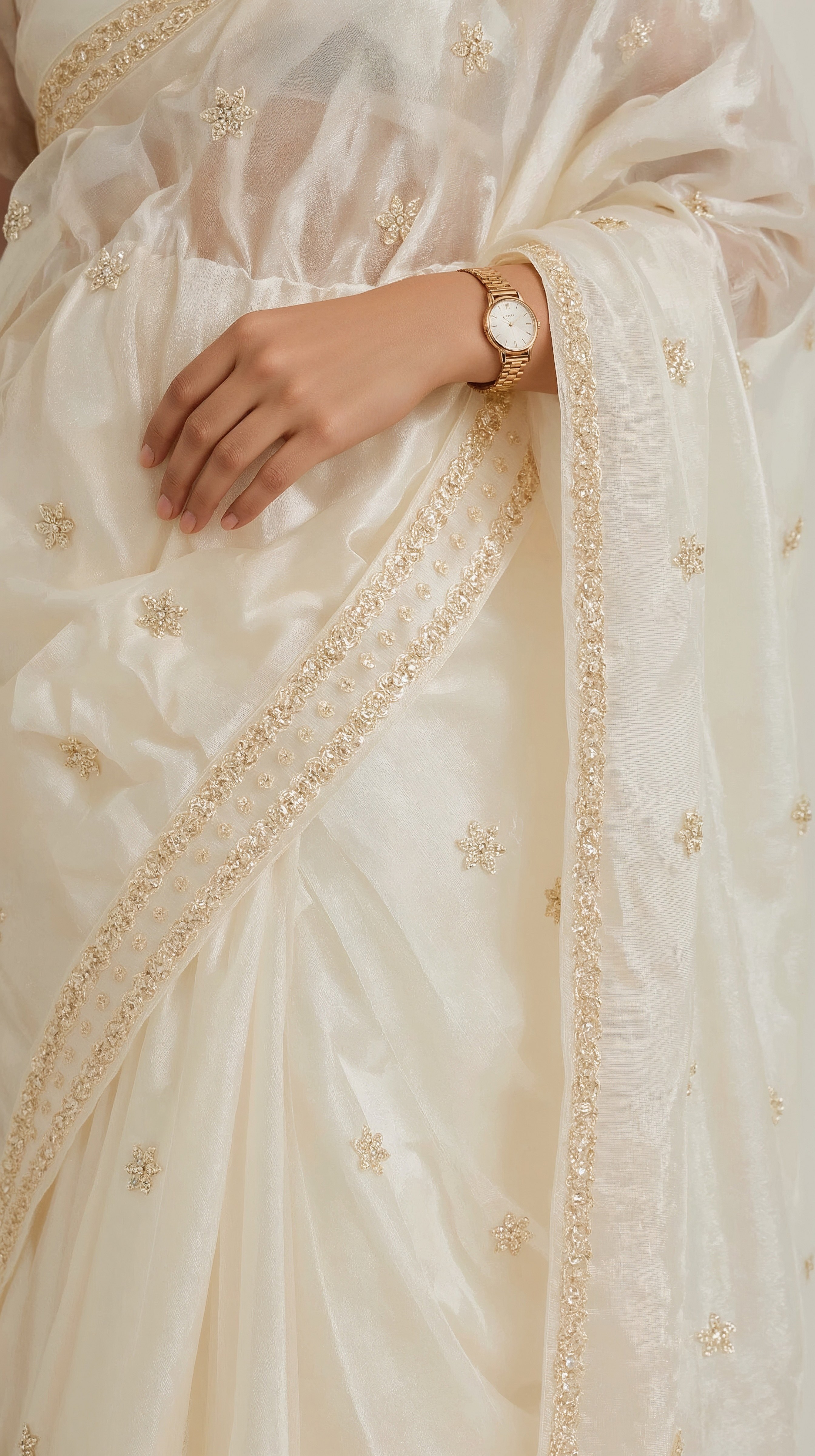 Ivory Dreams: Off White Embroidered Silk Saree for Effortless Bridal Chic