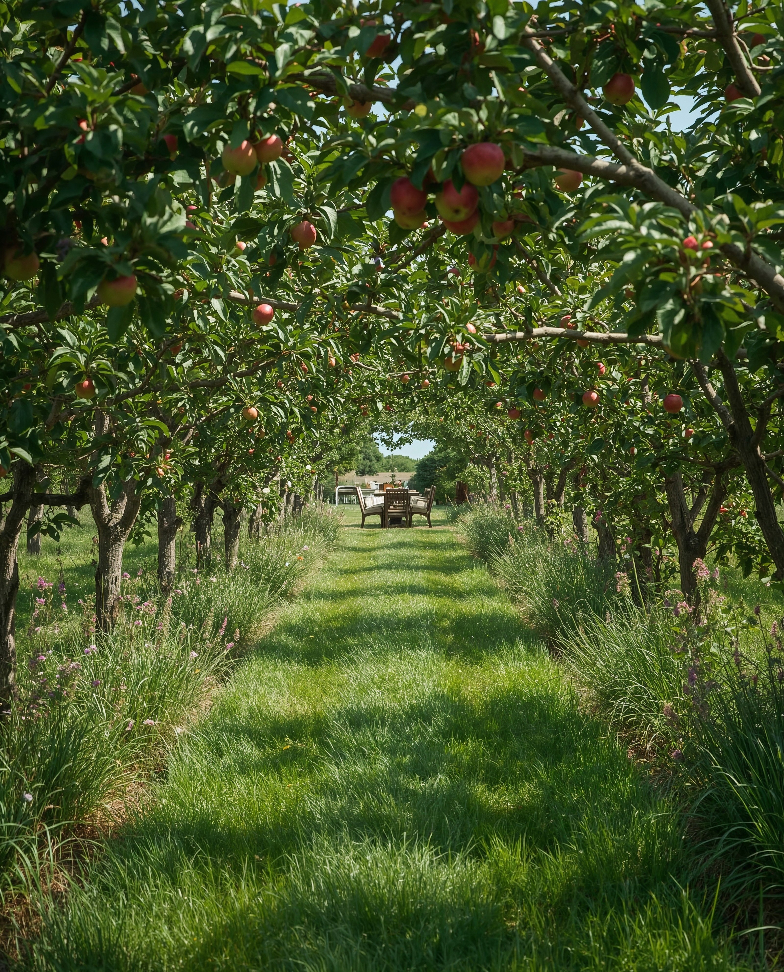 Mixed Fruit Orchard Layout: Idyllic Garden Space for Dining
