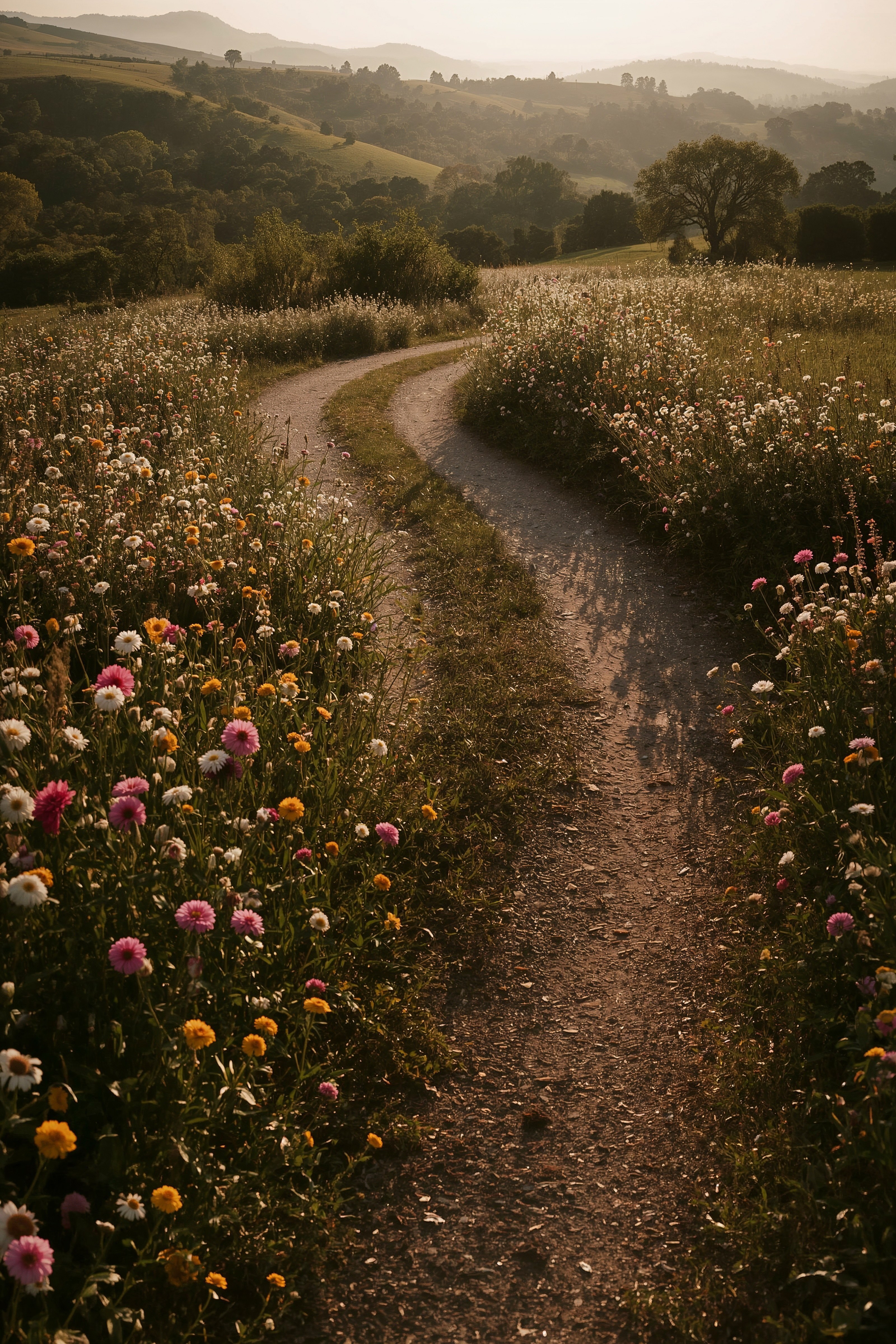 Rustic Countryside Drive Aesthetic with Blooming Wildflowers