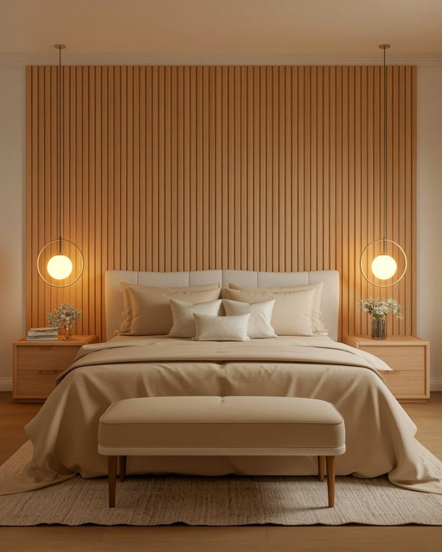 Luxurious Bedrooms: Master Decor with Slatted Wood & Pendant Lights