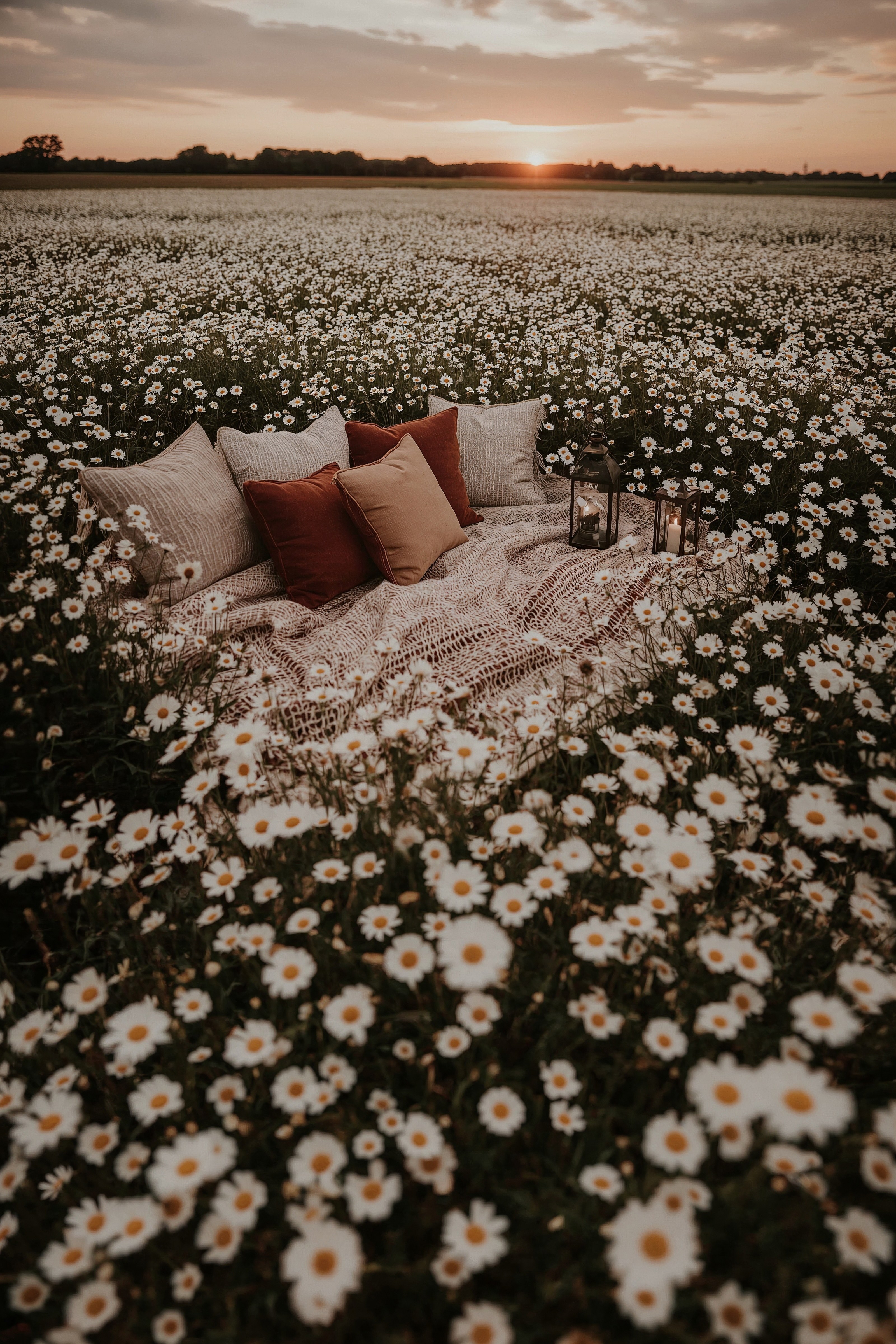 Dreamy Flower Field Picnic: Sunset Aesthetic Photography