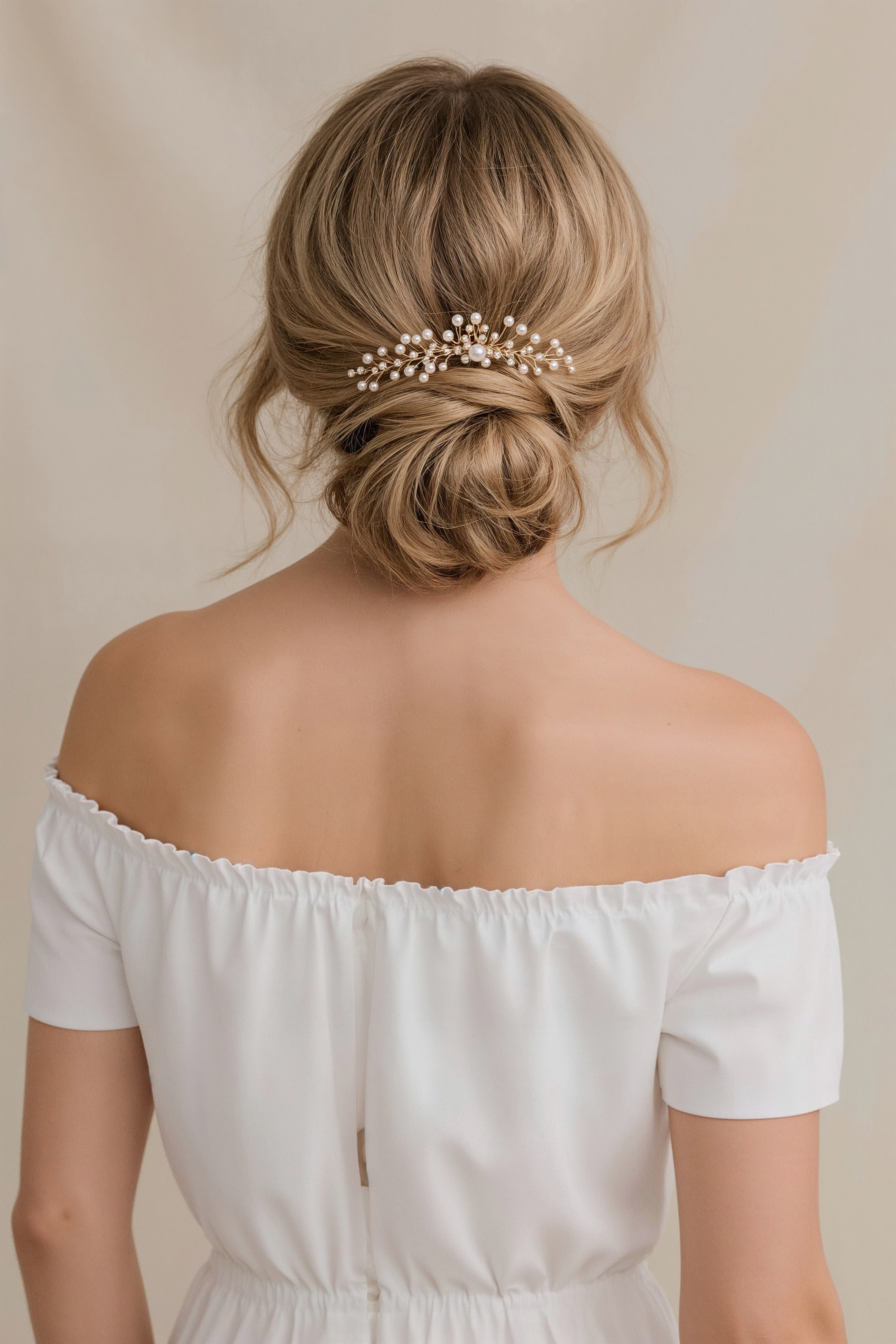 Dreamy Low Ponytail: Pearl & Gold Bridal Hairpiece Perfection