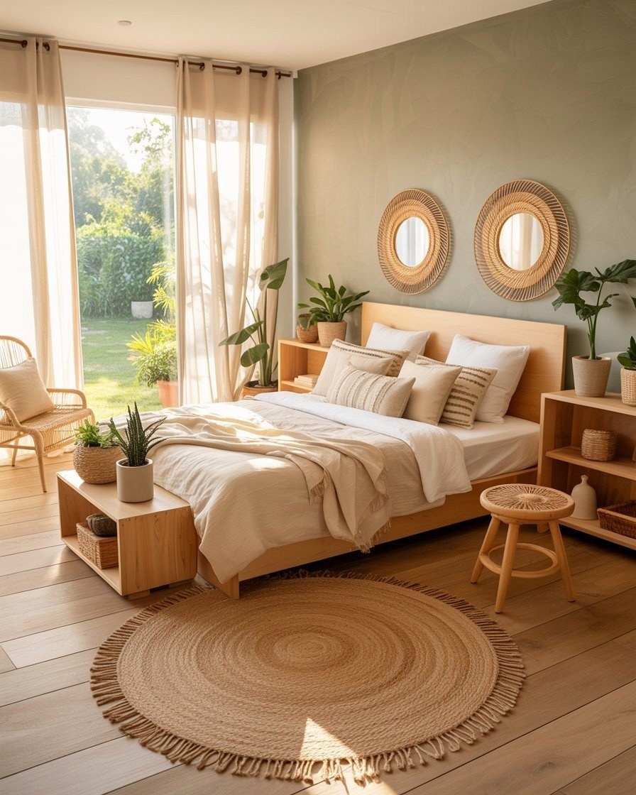 Boho Bedroom Green Accent Wall: Natural Wood & Serene Sanctuary