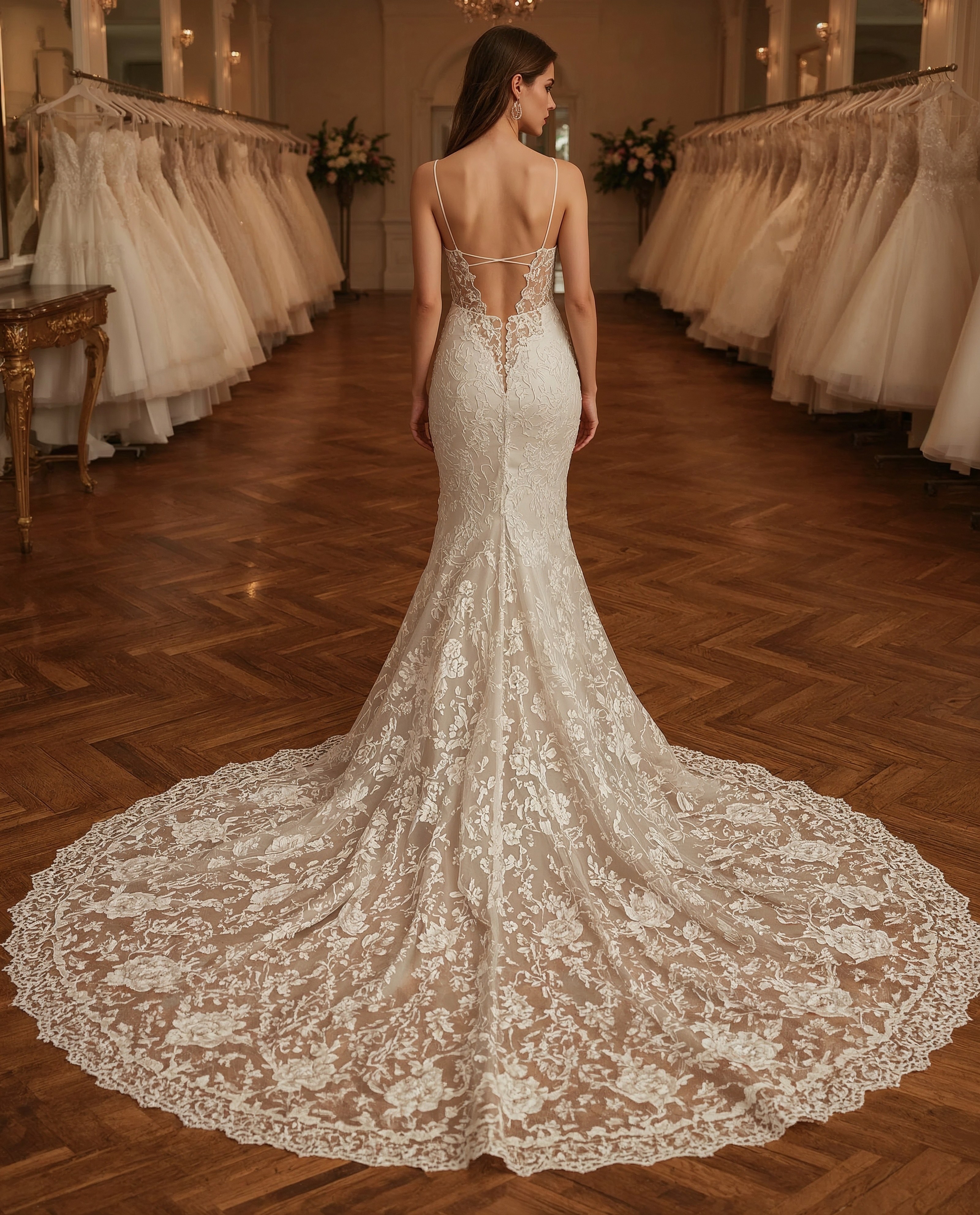 Chic Fitted Lace Wedding Dress with Open Back and Train