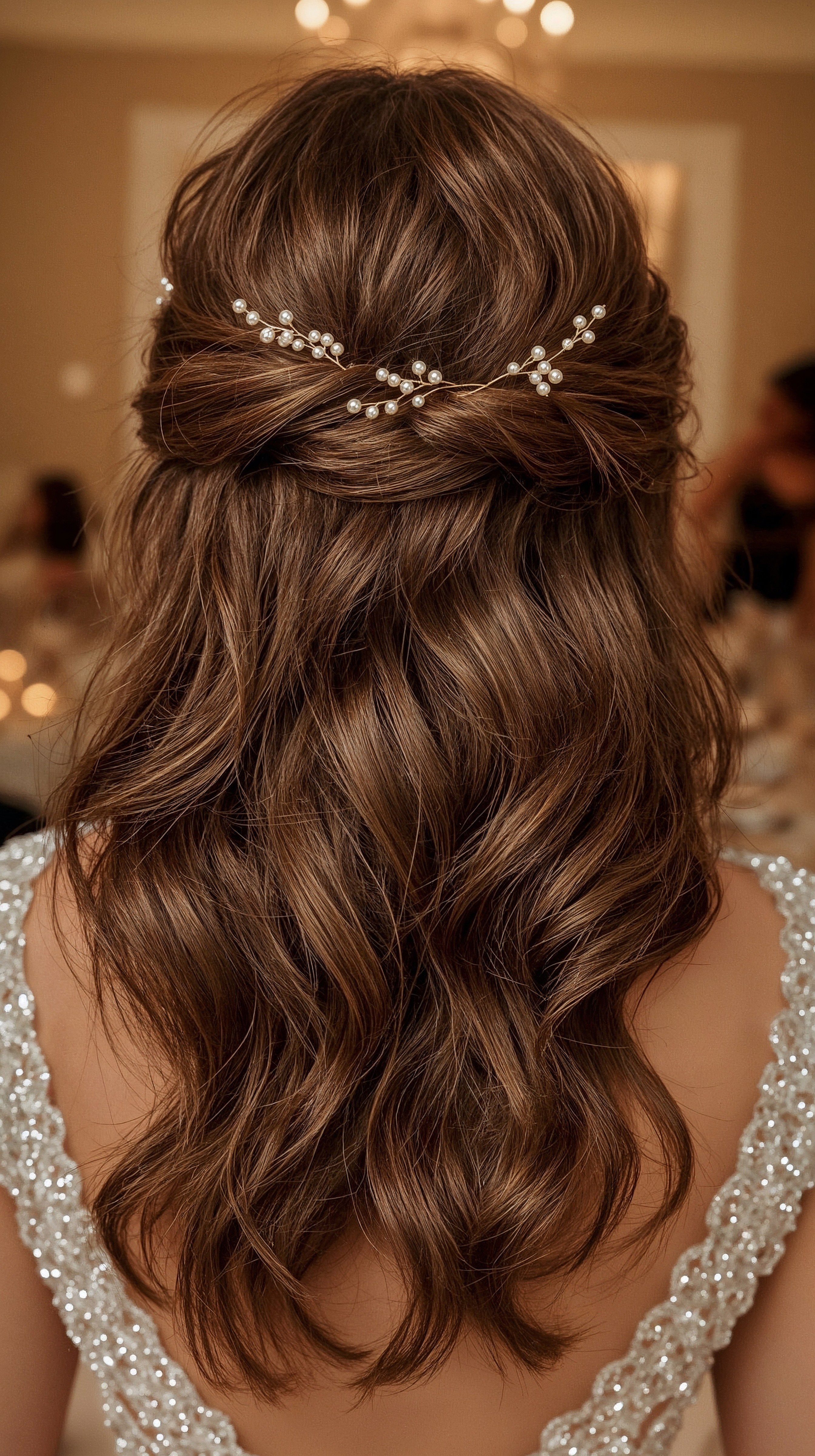 Elegant Brunette Wedding Hairstyles: Soft Curls with Pearl Accents