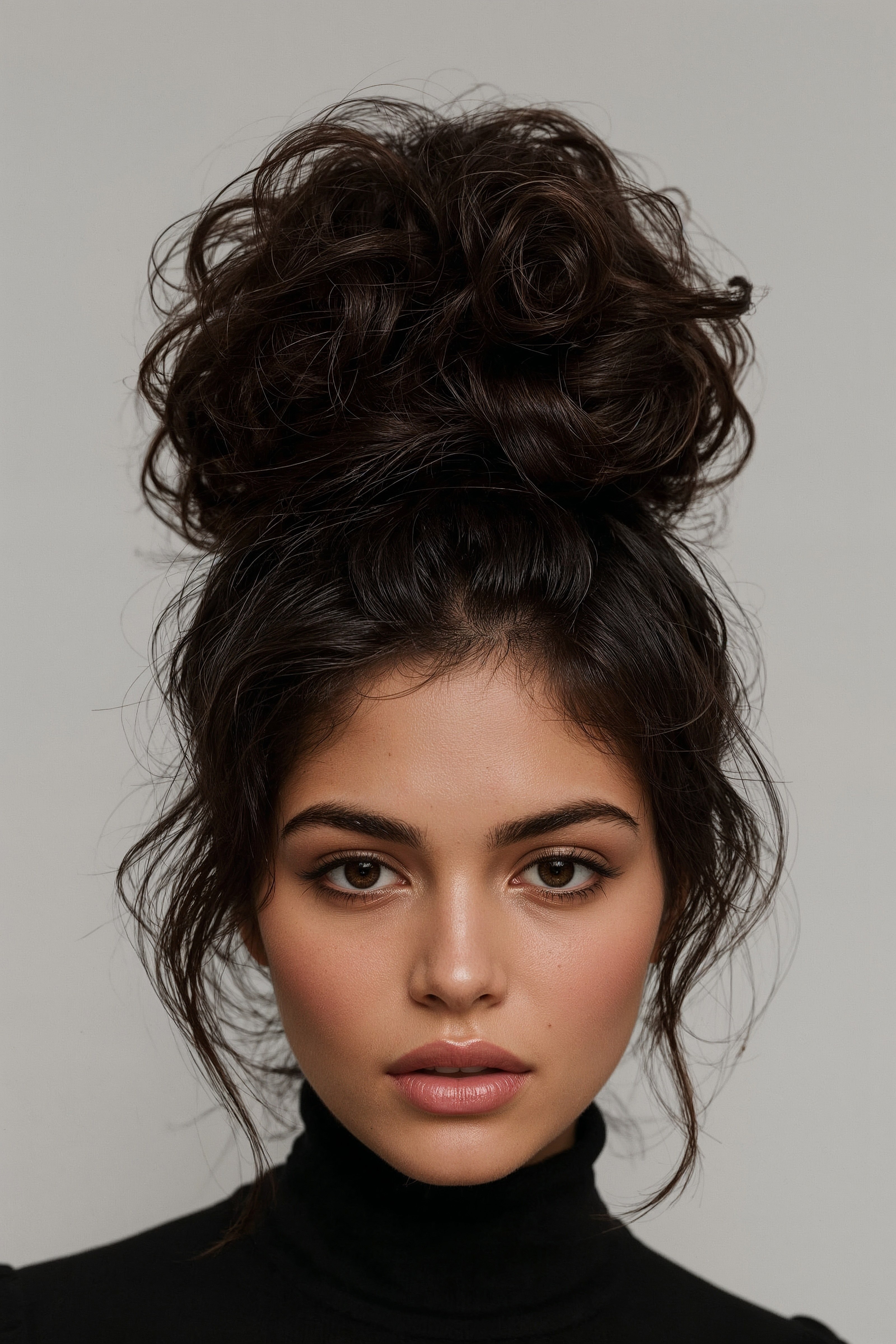 Textured High Bun with Curly Bangs: Modern Updo for Long Hair