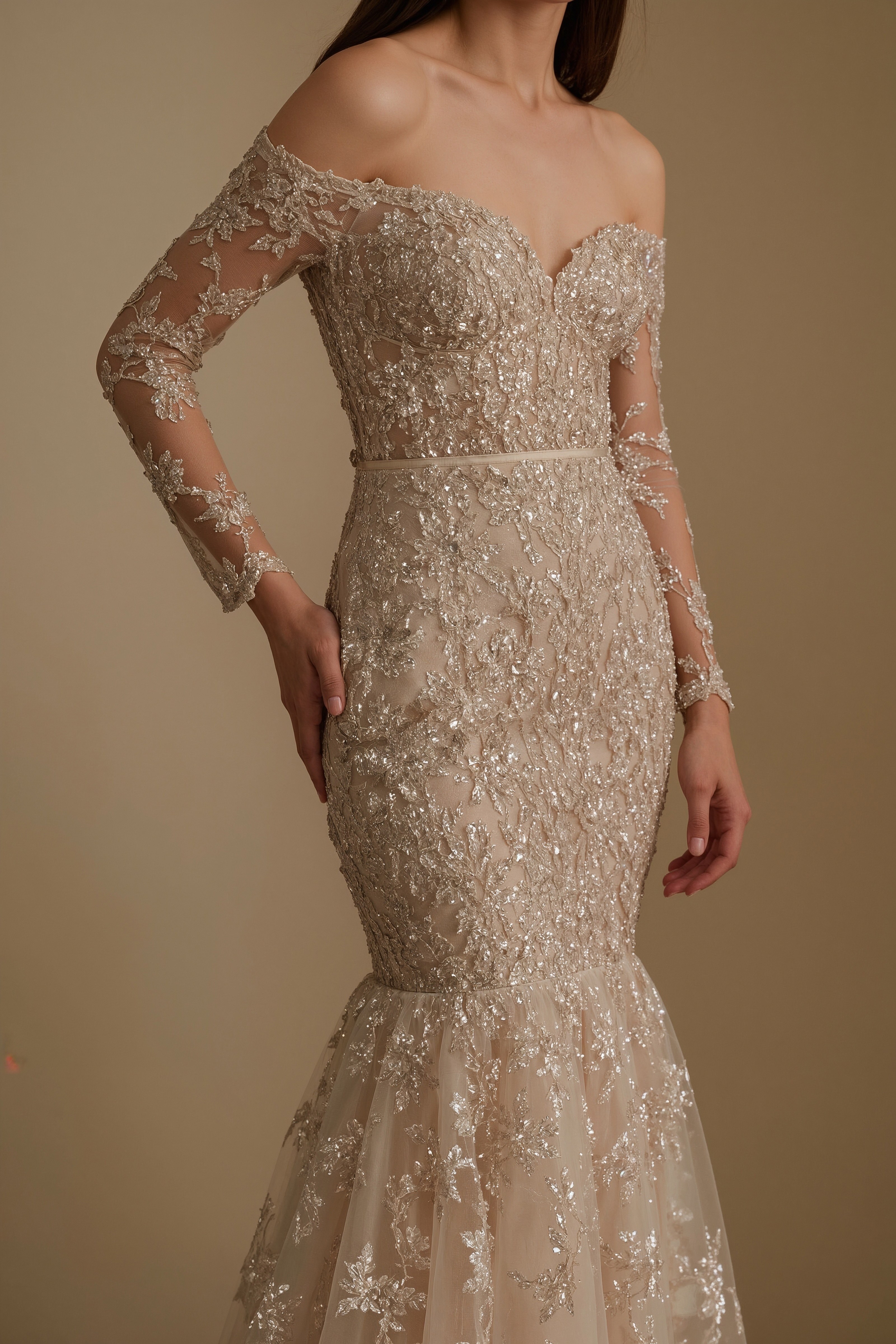 Elegant Off-Shoulder Lace Mermaid Gown with Long Sleeves