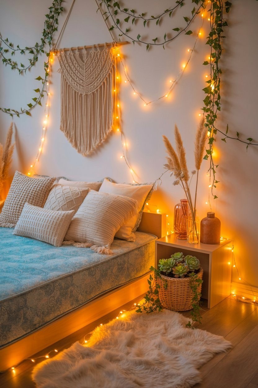 Enchanting Blue Bedroom Aesthetic with Fairy Lights