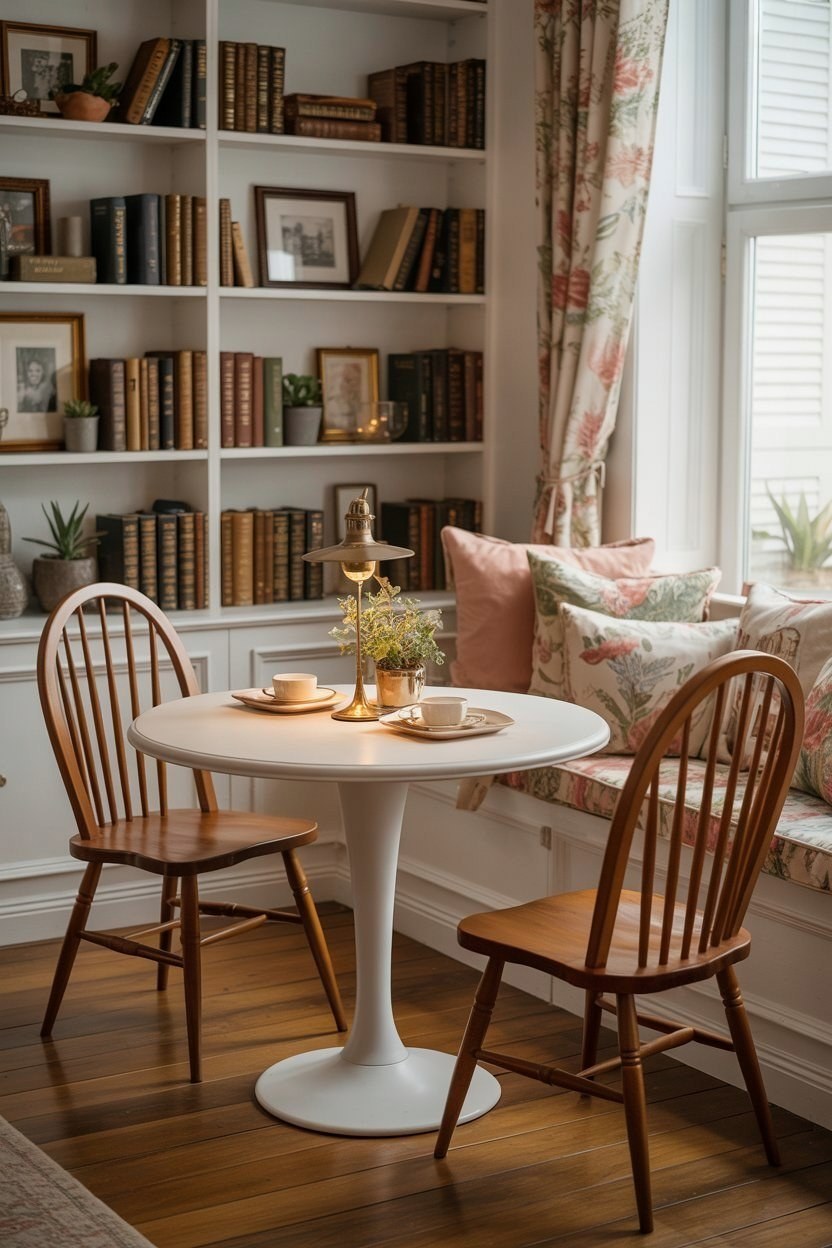 Cottage Library Dining Nook with Built-in Bookshelves