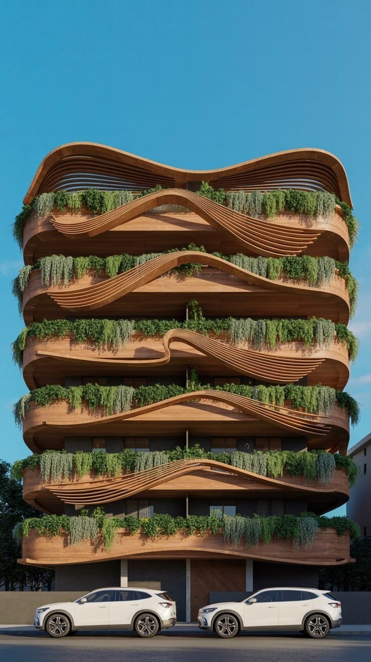 5-Story Apartment Facade: Wavy Wood & Green Residential Architecture