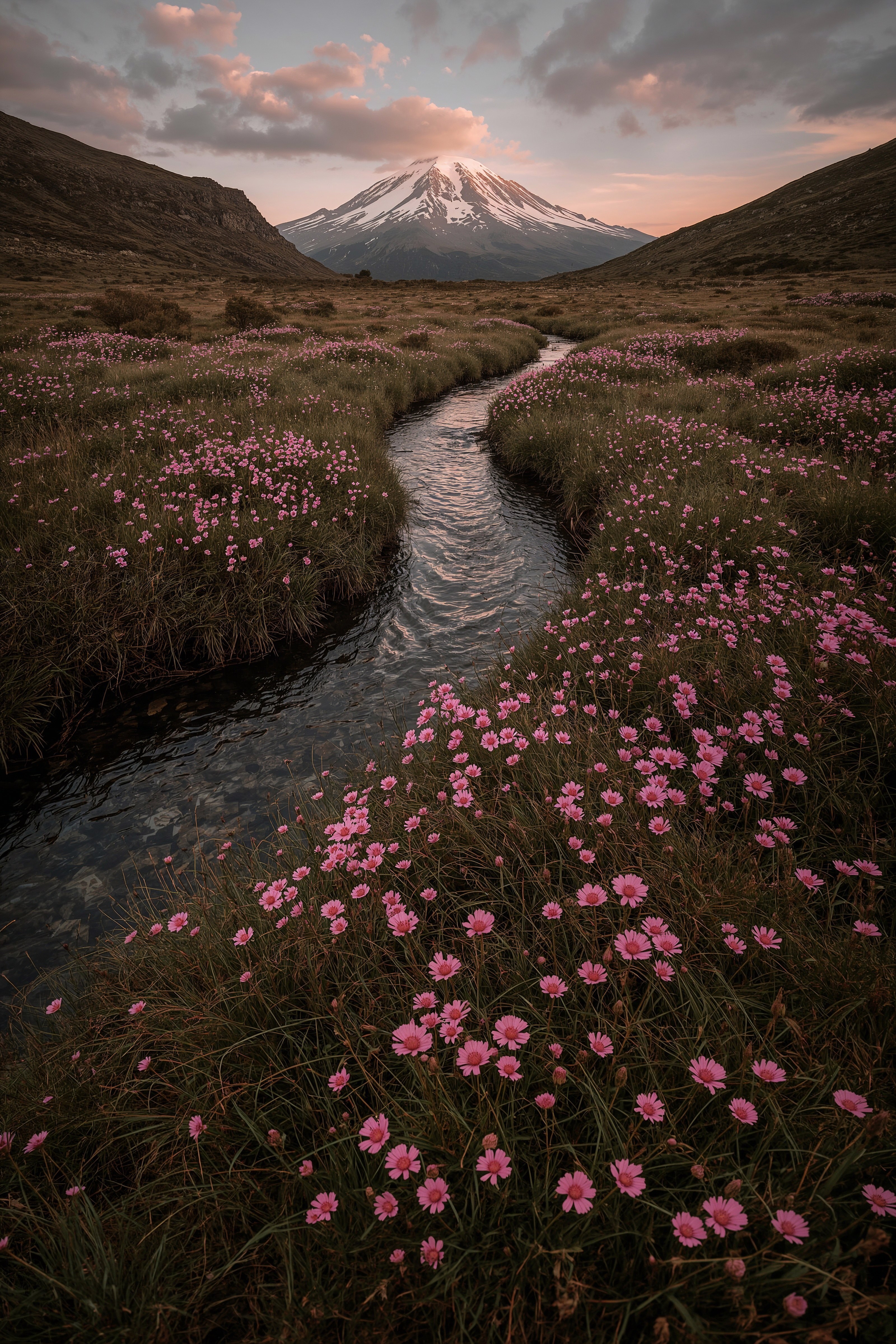 Tranquil Mountain Stream & Wildflower Meadow: Natural Landscape Beauty