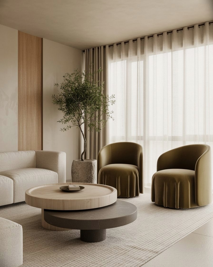 Minimalist Lounge Room: Modern Neutrals & Chic Green Accents