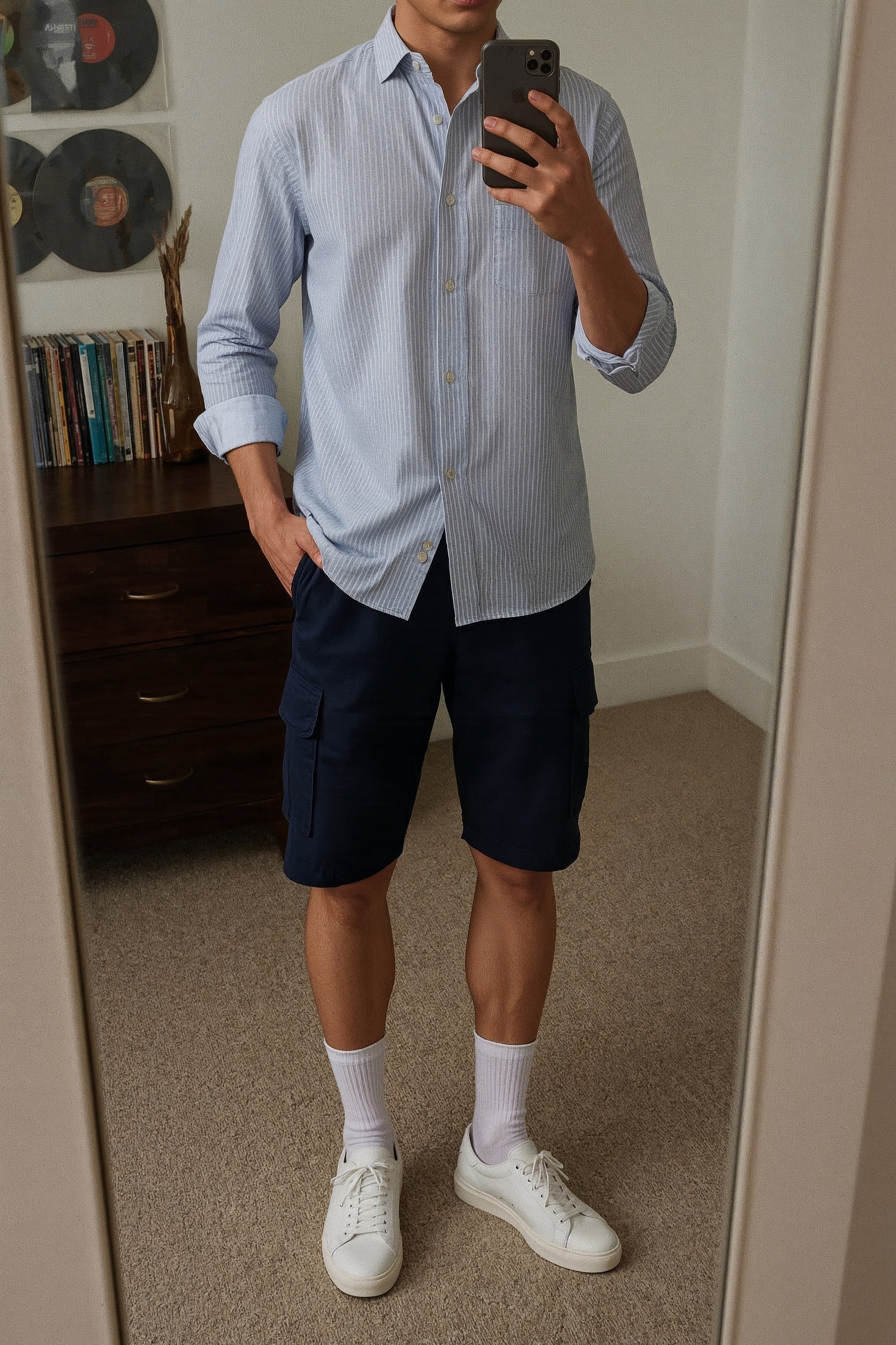 Classic Summer Cool: Striped Shirt & Navy Shorts for Effortless Daily Style