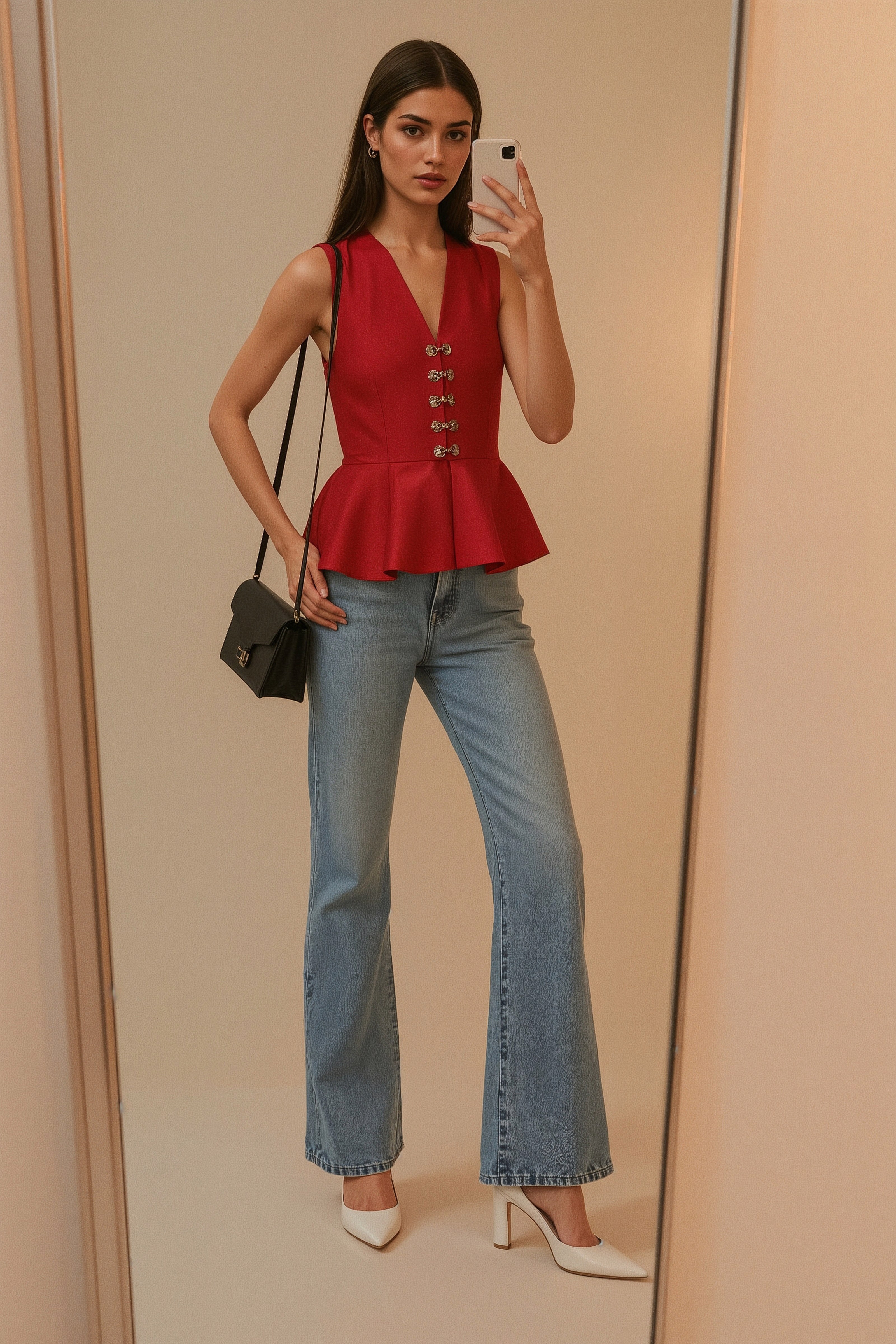 Vibrant Red Top & Jeans: Your Next Classy Work Outfit?