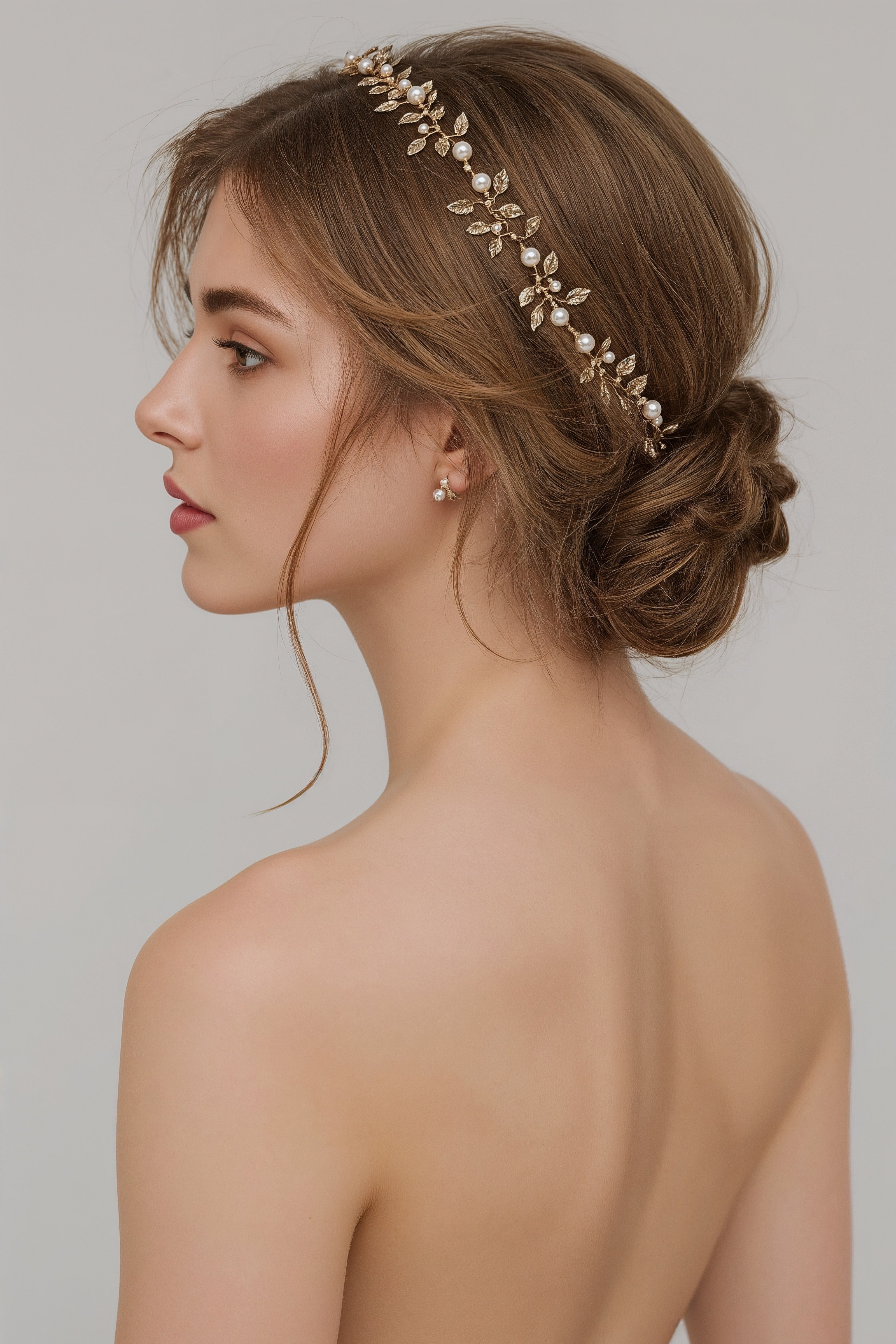Enchanting Braided Updo with Gold & Pearl Headpiece for Brides