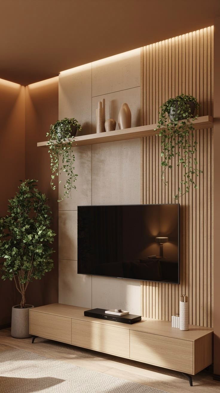 Living Room Goals: Wood Panel TV Wall with Plant Decor