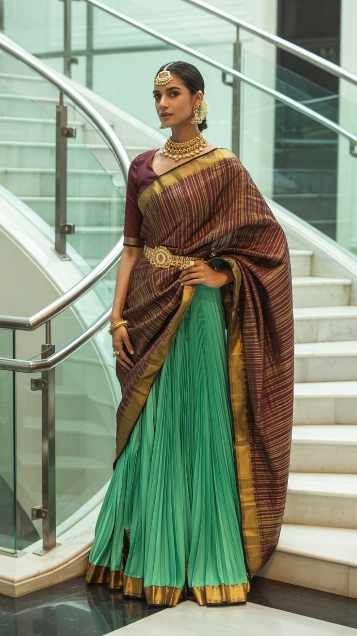 Pattu Lehenga & Langa Voni: Two-Tone Saree Blouse Designs