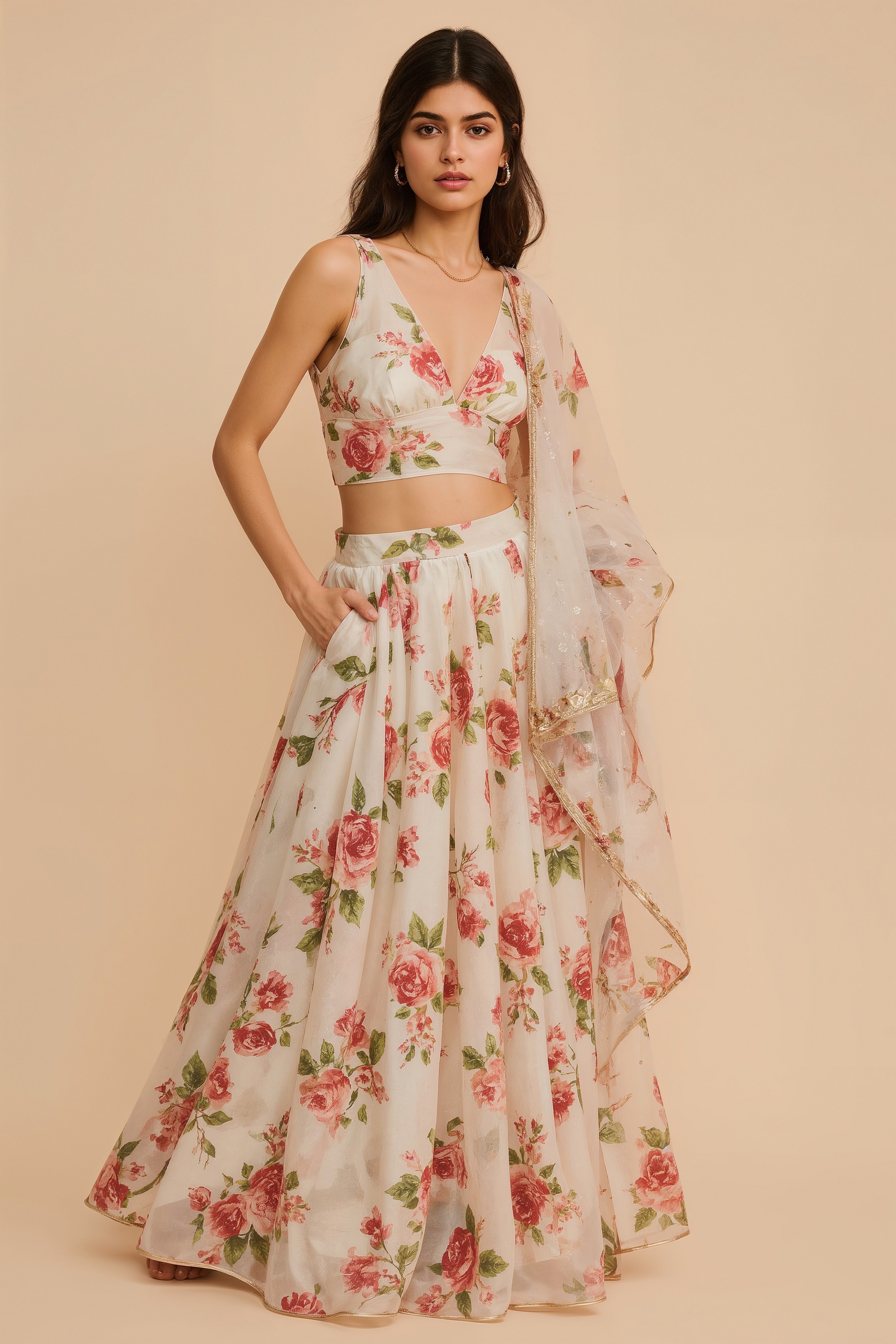 Organza Floral Lehenga: Airy Elegance for Indian Wedding Events