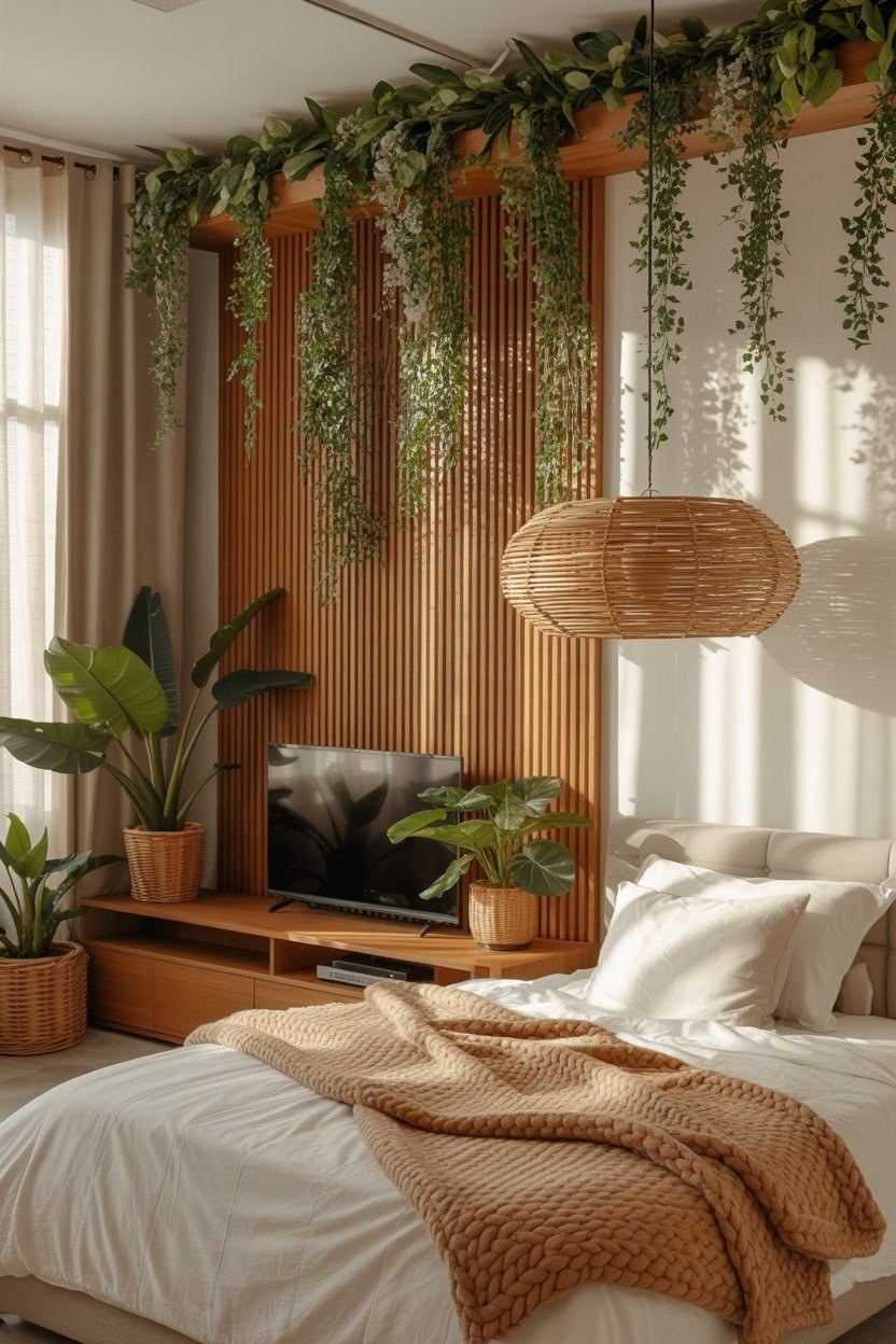 Jungle Style Bedroom Retreat: Nature Theme Slat Wall for Serene Living