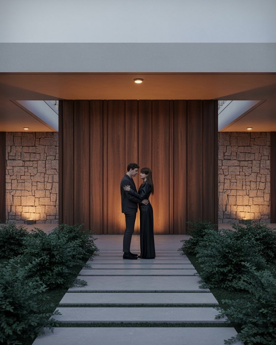 Minimalist Entrance Design: Modern House Exterior Pathway & Stone Accents