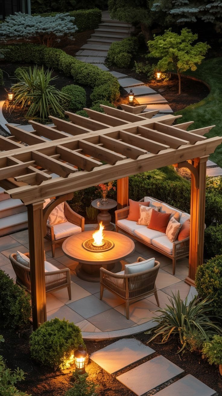 Cozy Backyard Terrace: Ambient Outdoor Lights & Fire Pit Patio