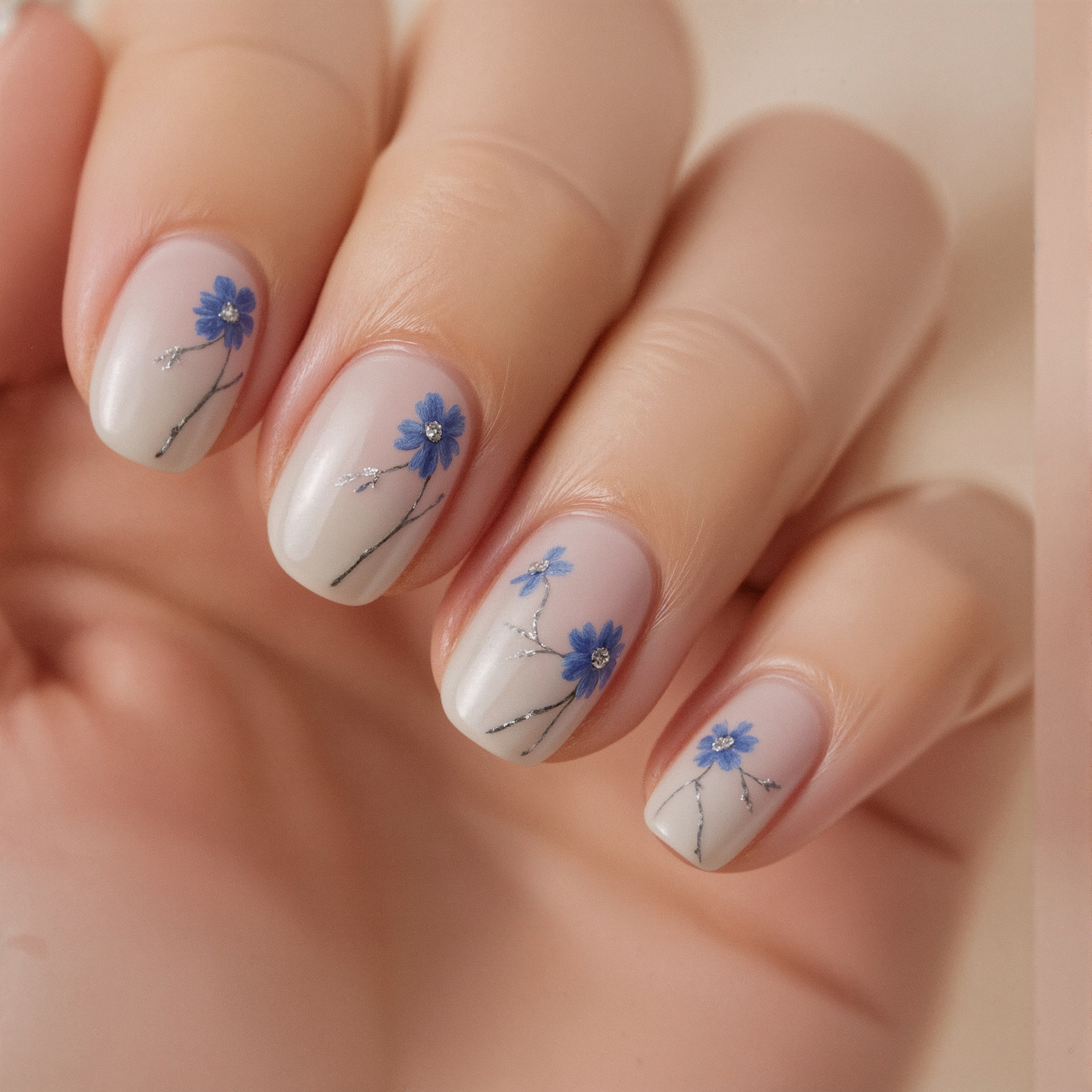 Elegant Blue Girly Nails: Pretty Gel Nails with Neutral Floral Accents