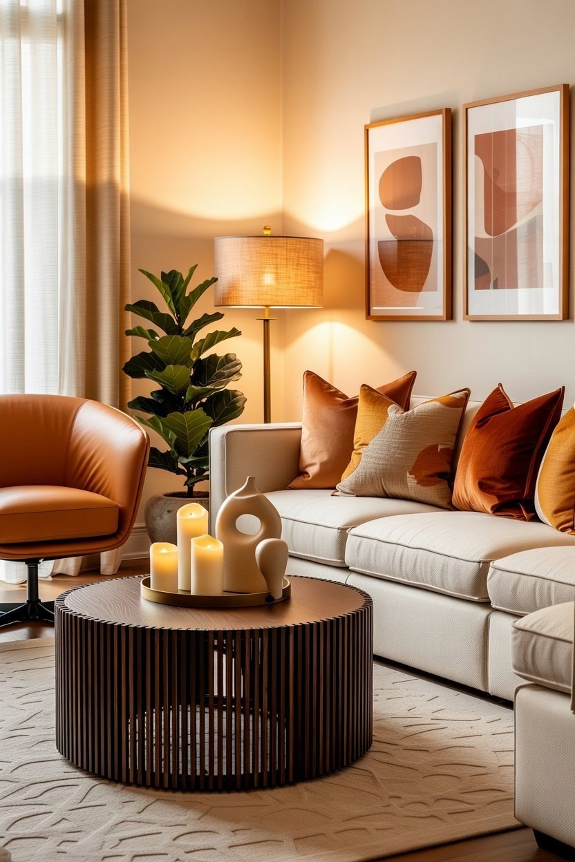 Cozy Modern Living Room: Warm Neutrals & Statement Decor