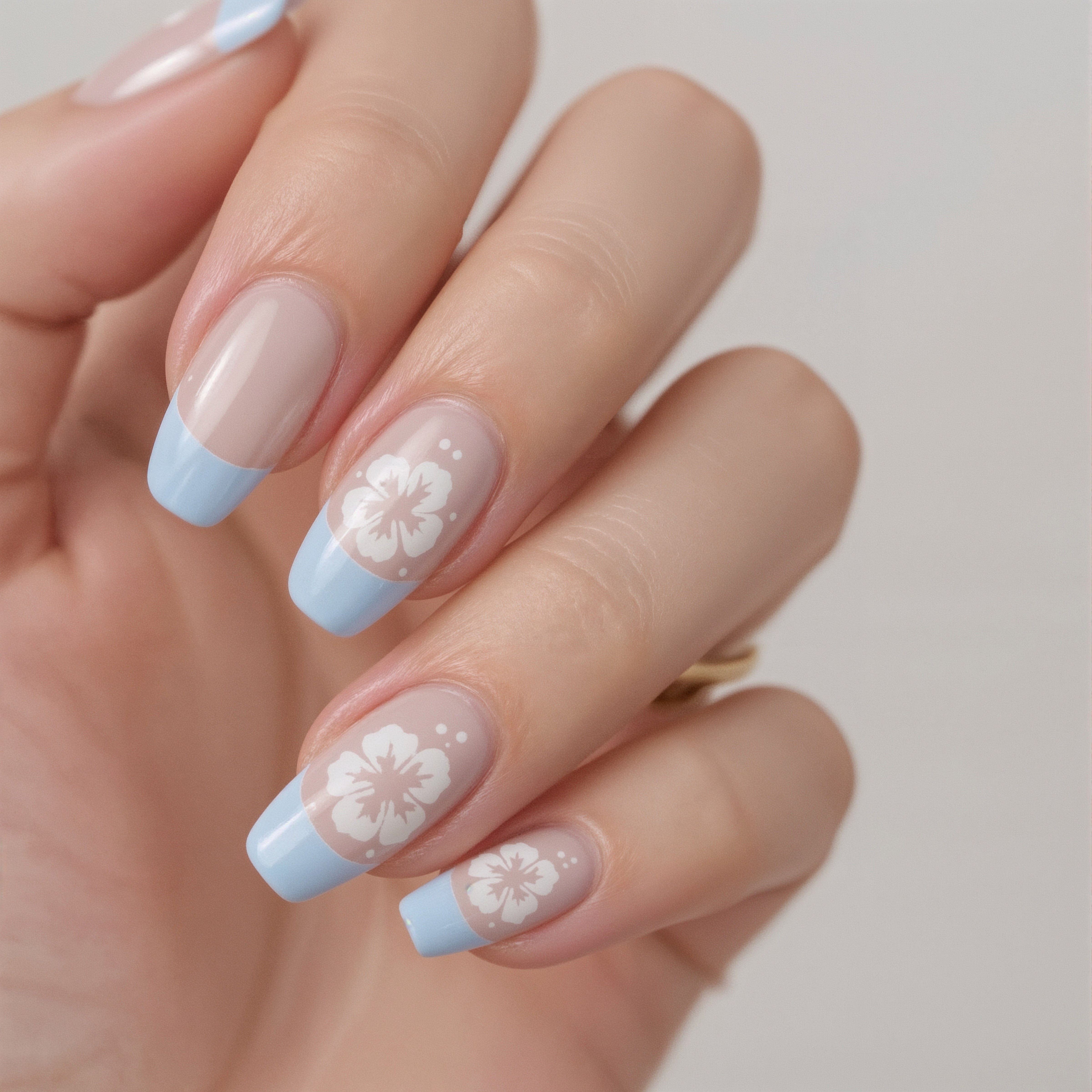 Almond French Tips with White Hibiscus: Summer Nail Art