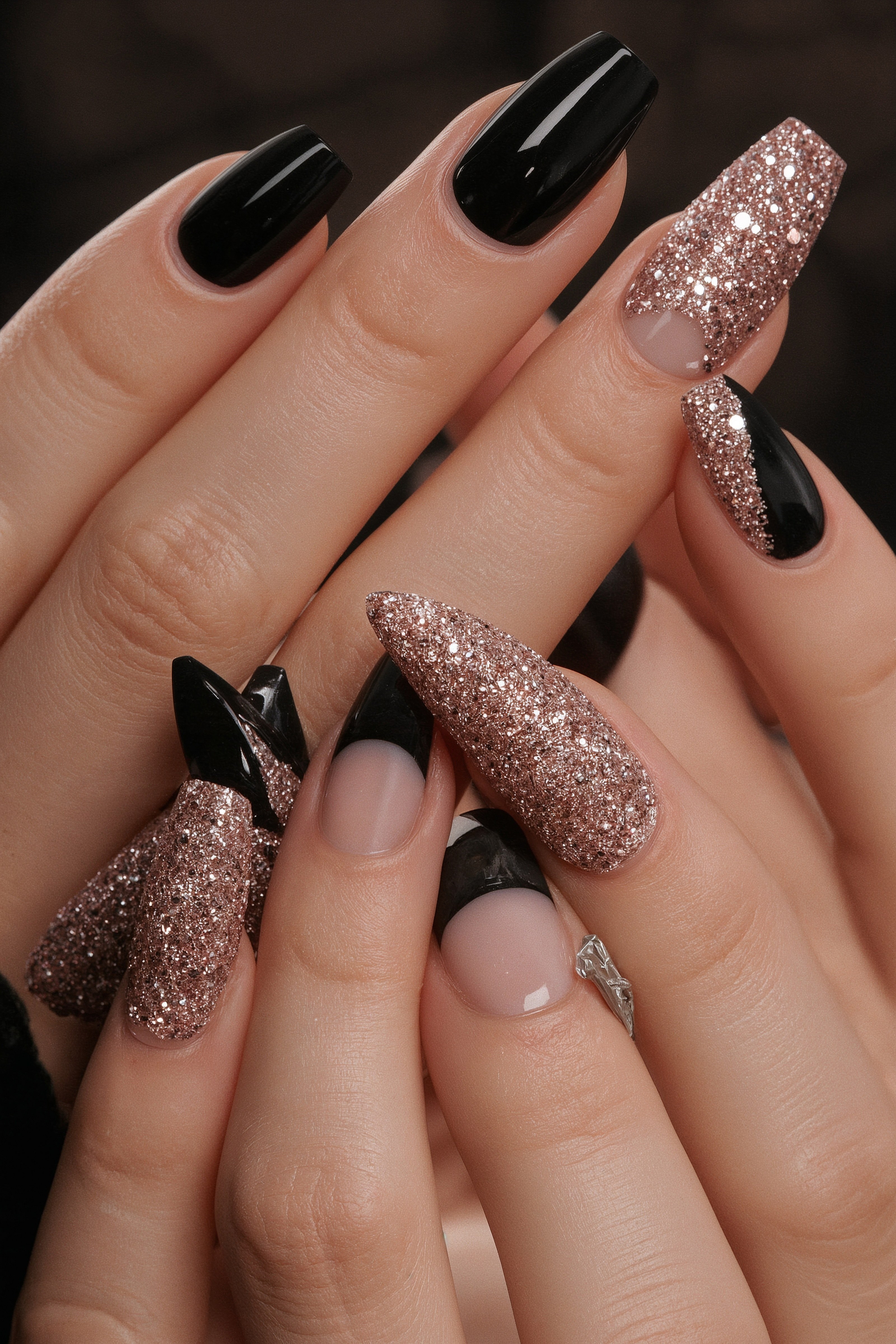 Black Glitter Almond Nails: Glamorous Party Nails with French Tip Sparkle