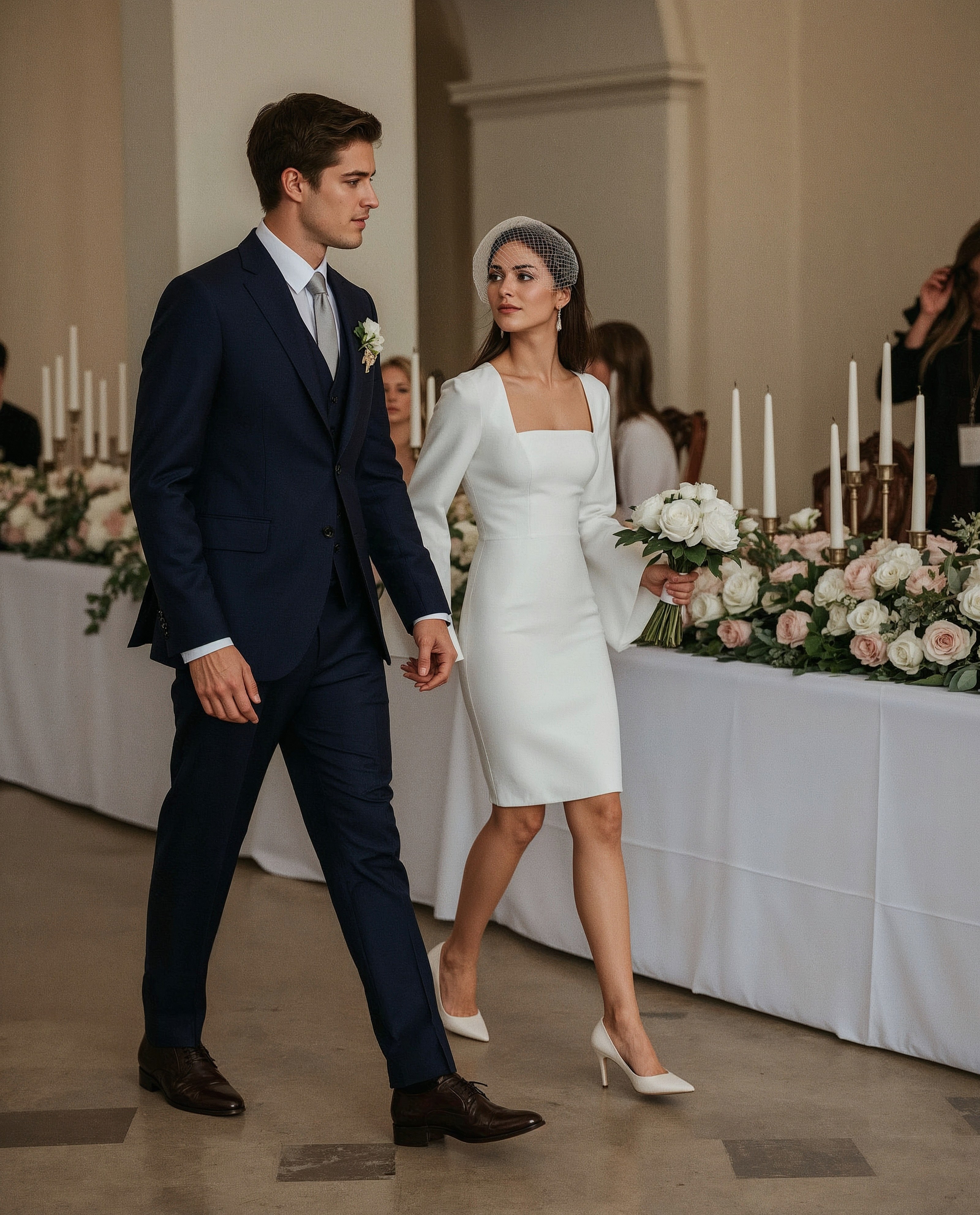 Courthouse Wedding Outfits: Mini Dress Elegance with a Birdcage Veil