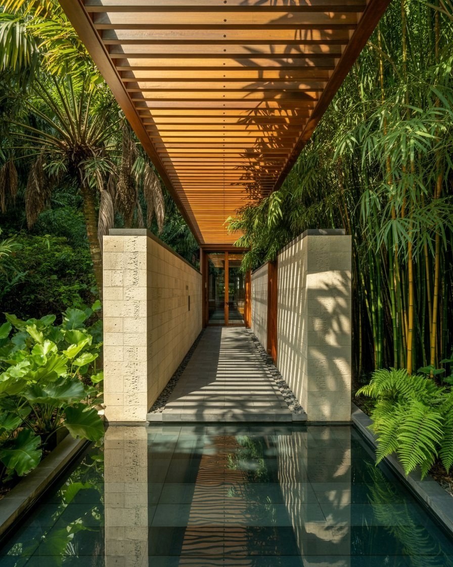 Tropical Villa Entrance: Modern Oasis with Water Feature