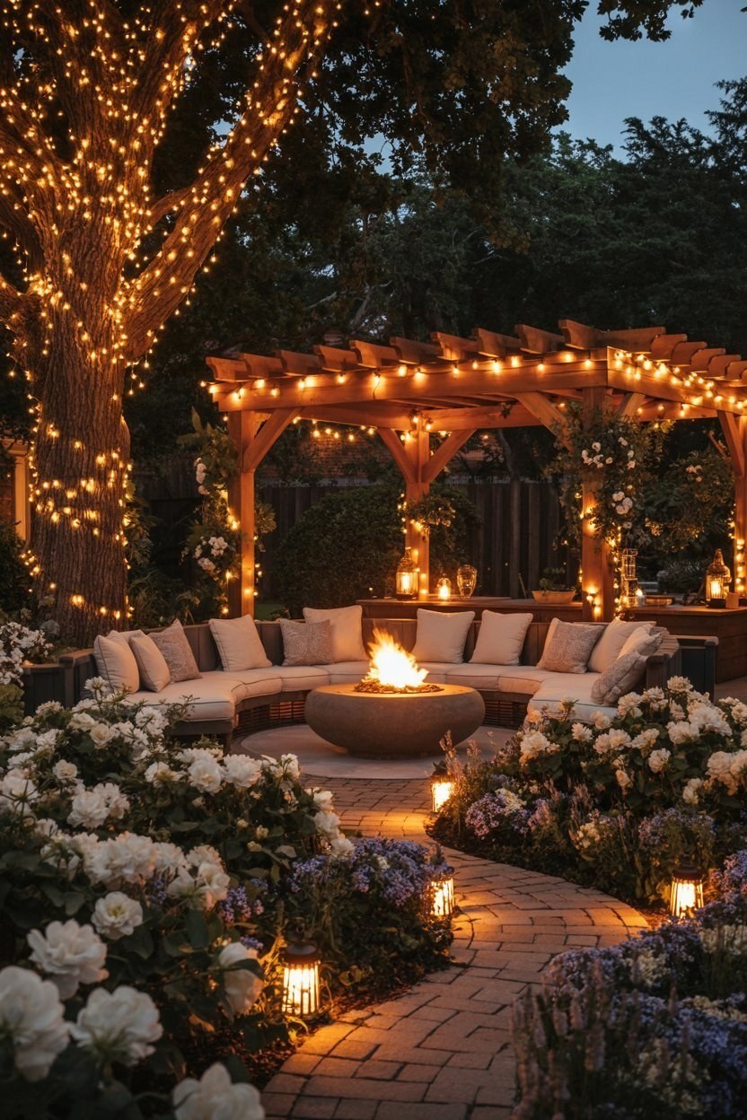 Cozy Garden Space Ideas: Backyard Landscaping with Fire Pit & Hanging Lights