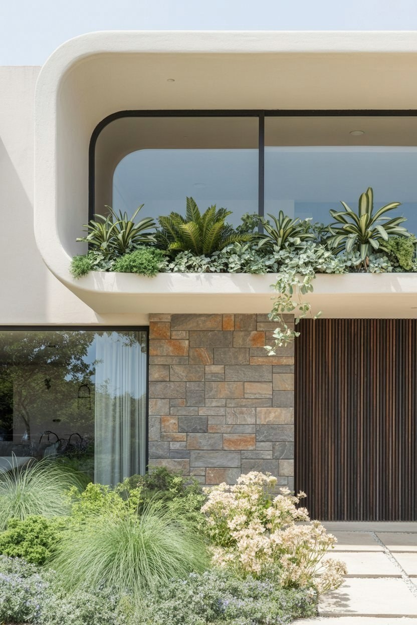 Mediterranean Modern Garden House: Stacked Stone Elegance