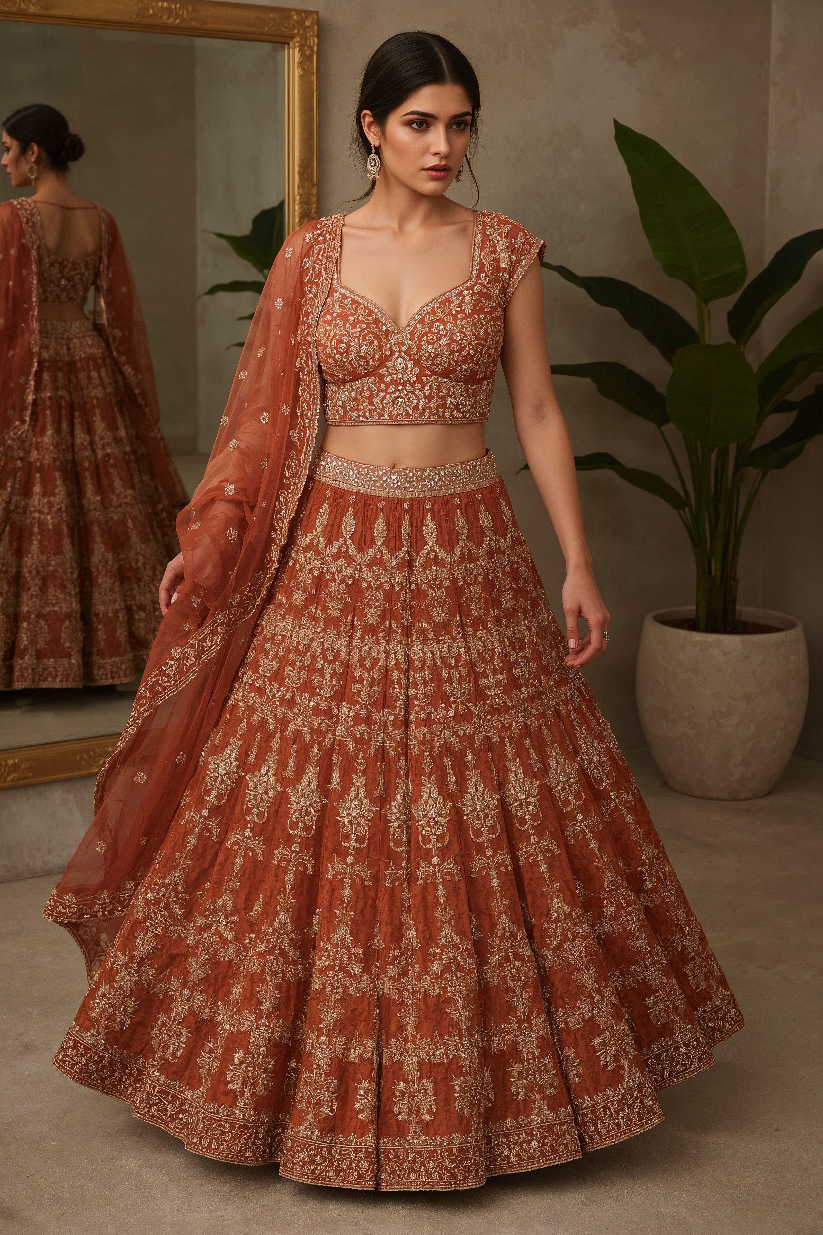 Designer Ghagra Choli: Festive Rust Orange for Indian Bridal Wear