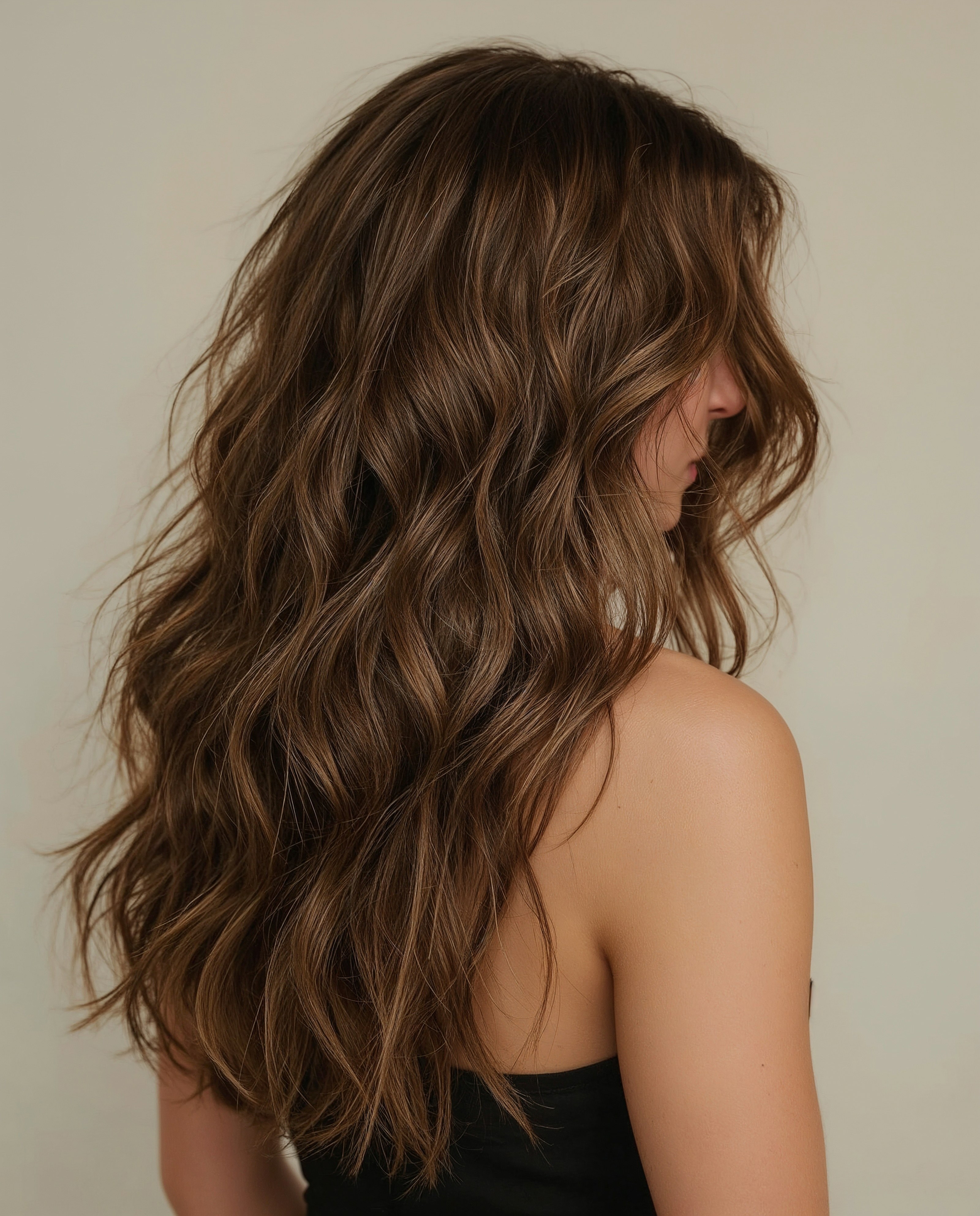 Voluminous Hairstyles for Layered Wavy Hair: Almond Brunette Beauty
